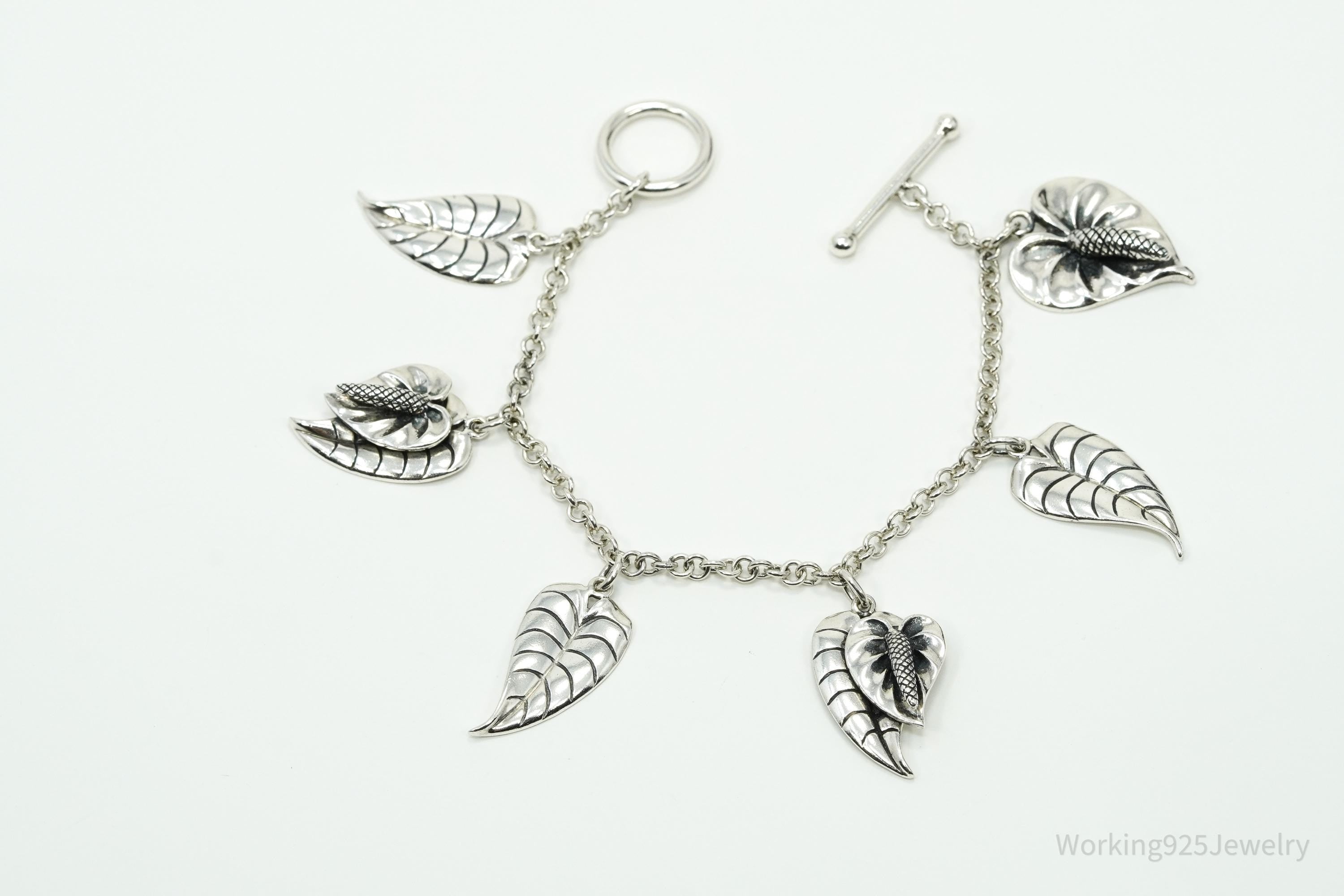 Vintage Leaves Charms Sterling Silver Toggle Bracelet 6 3/8"