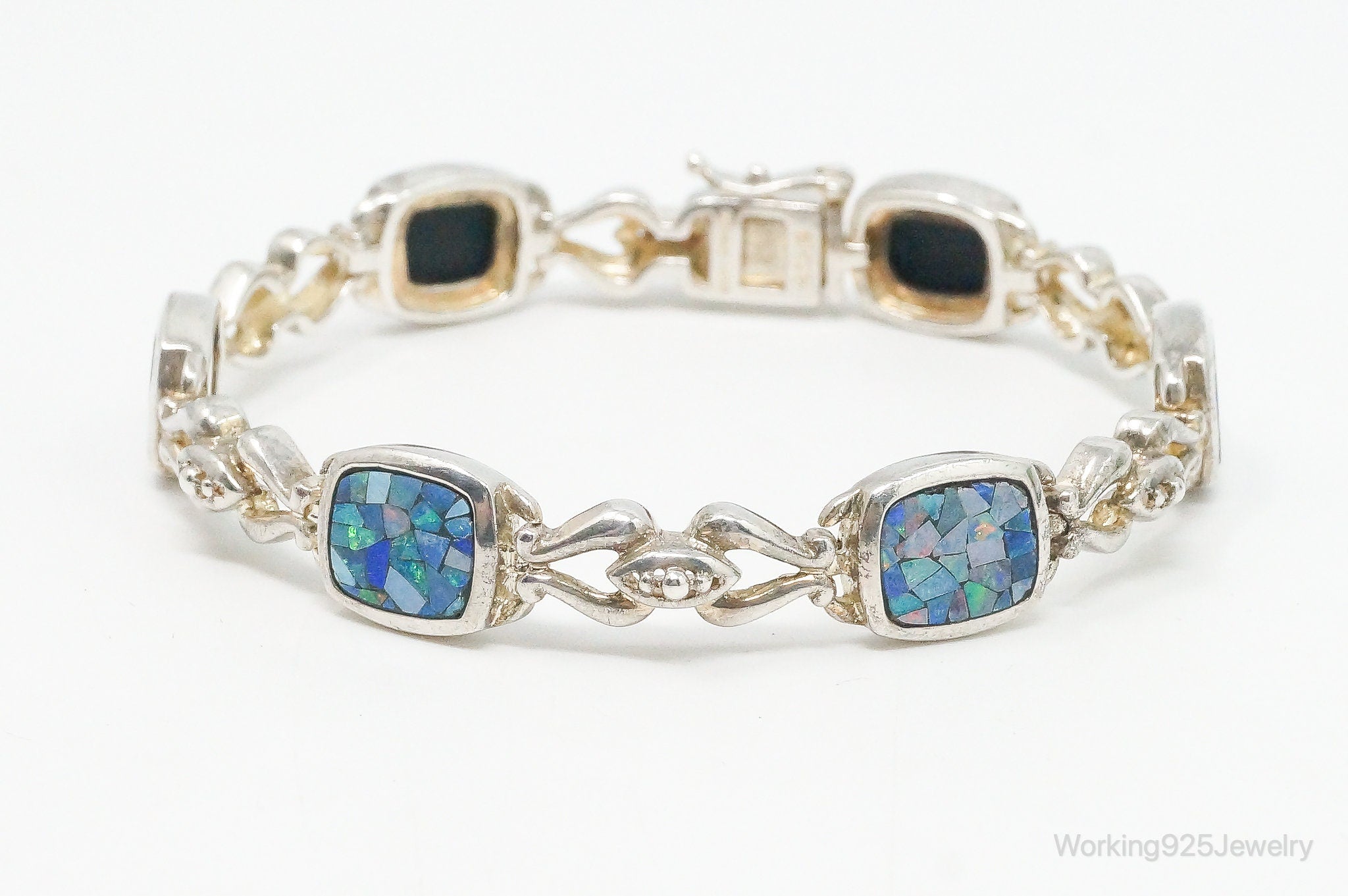 Vintage Mosaic Blue Fire Opal Inlay Sterling Silver Bracelet