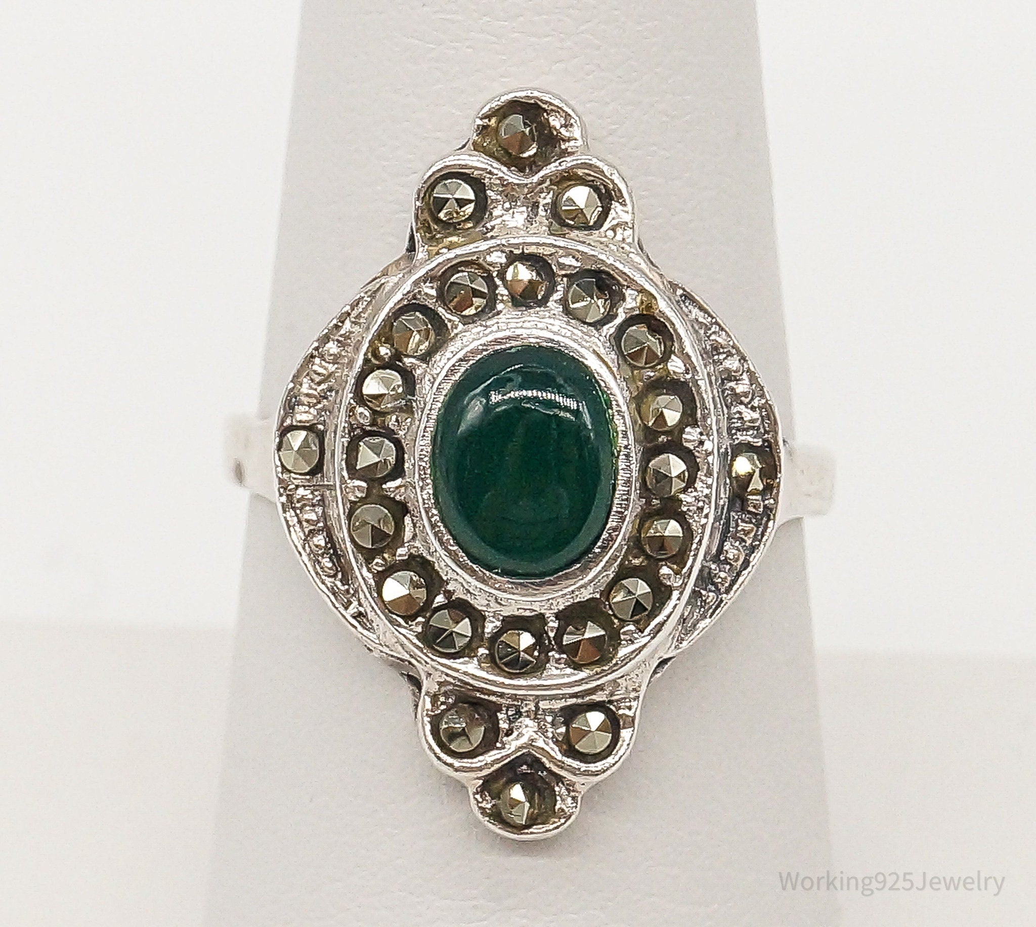 Vintage Green Onyx Marcasite Sterling Silver Ring Size 7.5