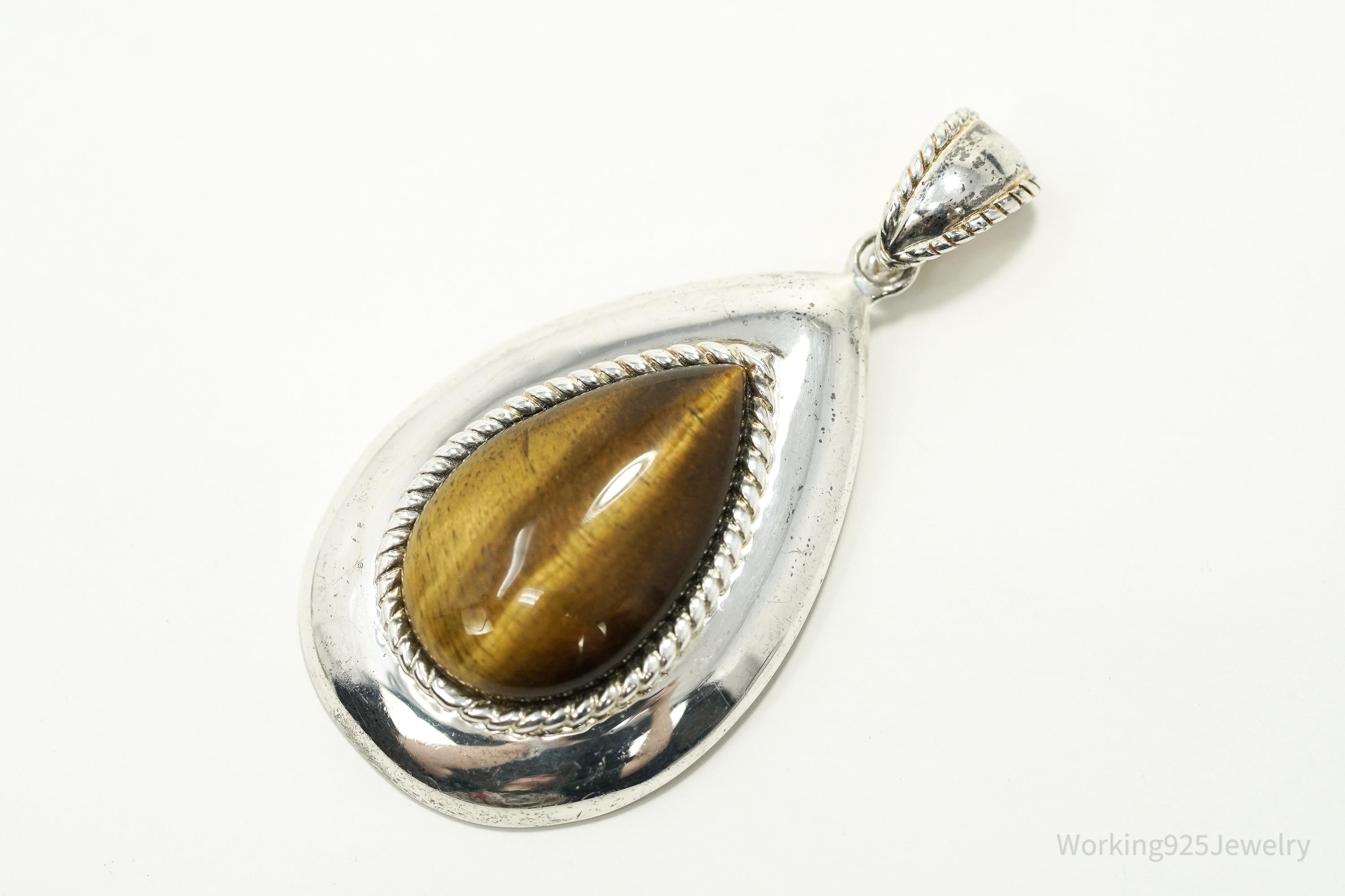 Vintage Large Teardrop Tigers Eye Sterling Silver Necklace Pendant 2"