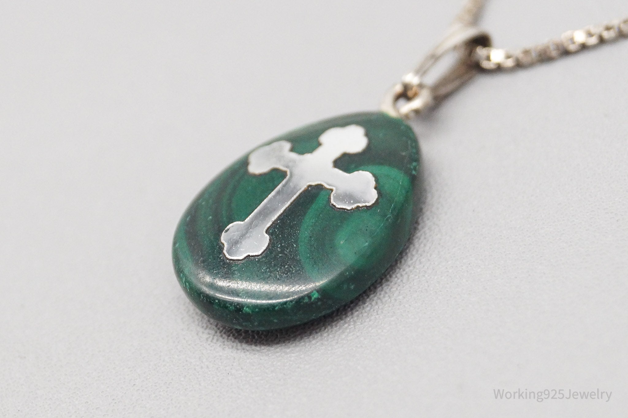 Vintage Cross On Malachite Sterling Silver Necklace - 18"