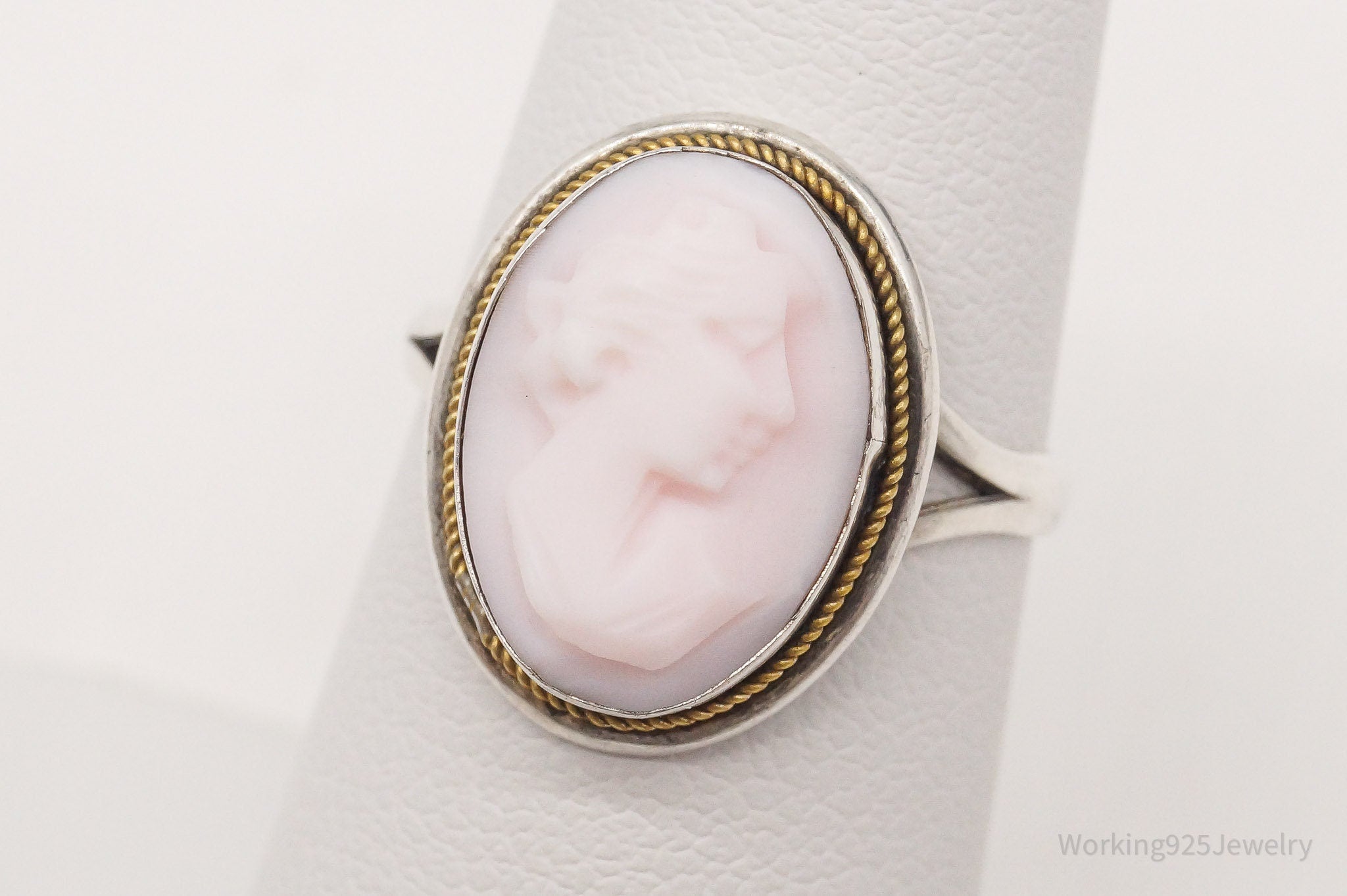 Antique Carved Shell Woman Cameo 800 Silver Ring - Size 6.25