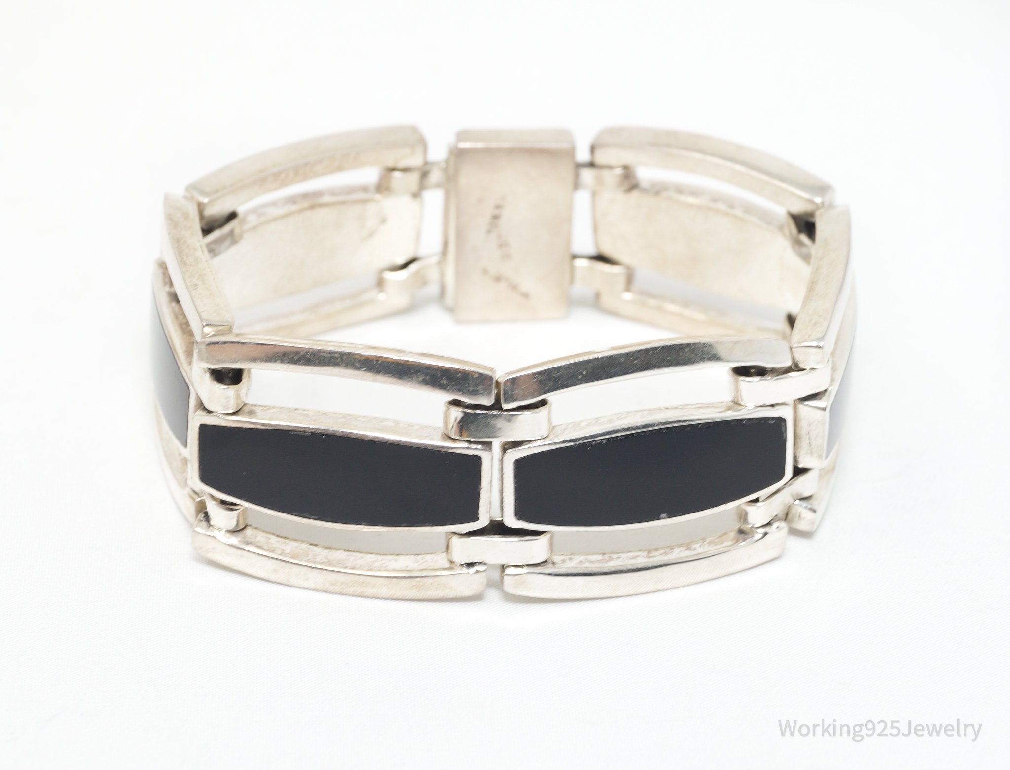 Vintage Taxco Mexico Black Onyx 950 Silver Panel Bracelet