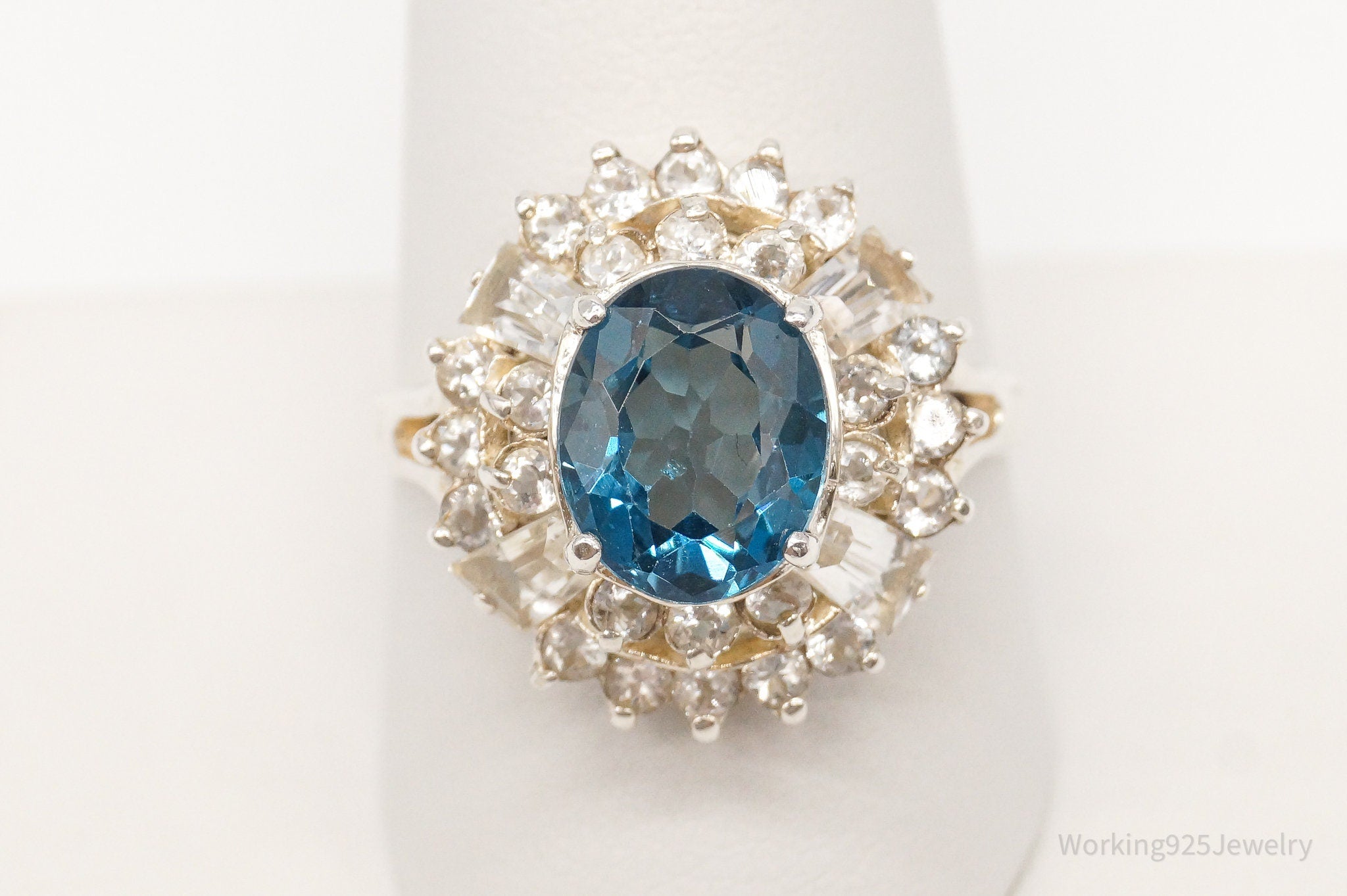 Vintage Large London Blue Topaz Cubic Zirconia Sterling Silver Ring - Size 10.25