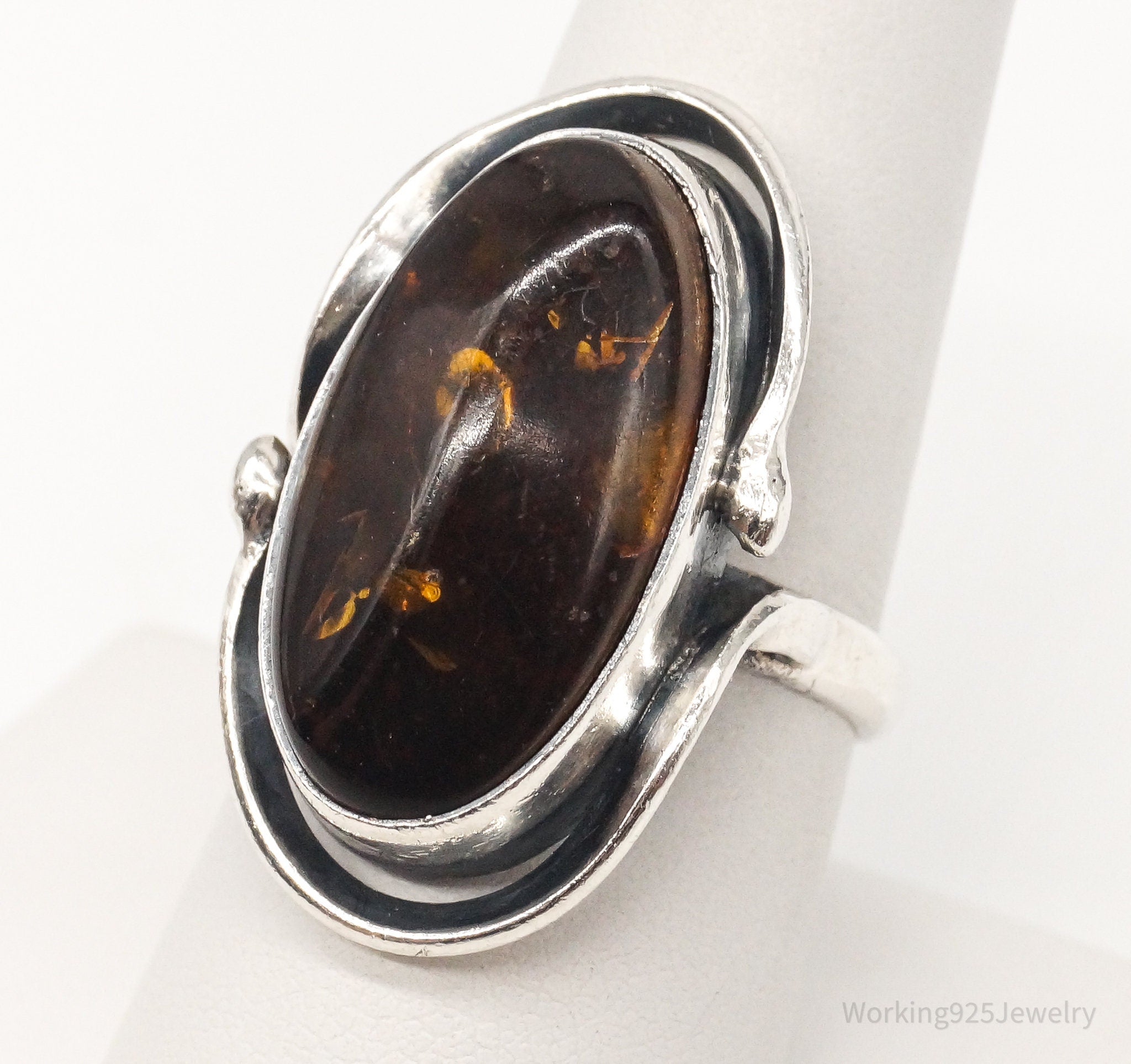 Vintage Polish Amber Modernist Sterling Silver Ring - Size 8.25