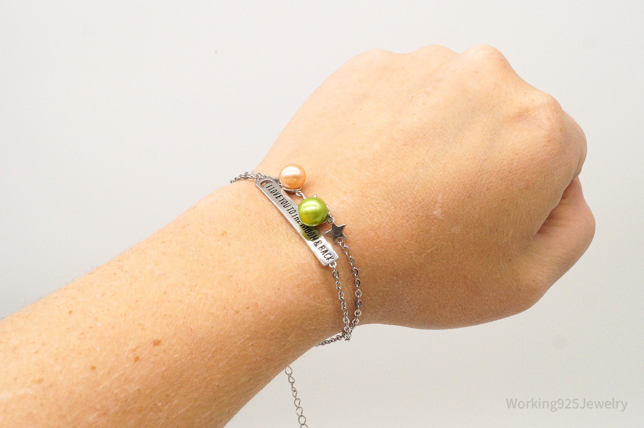 Designer "I love you to the moon & Back" Pearl Sterling Silver Bracelet