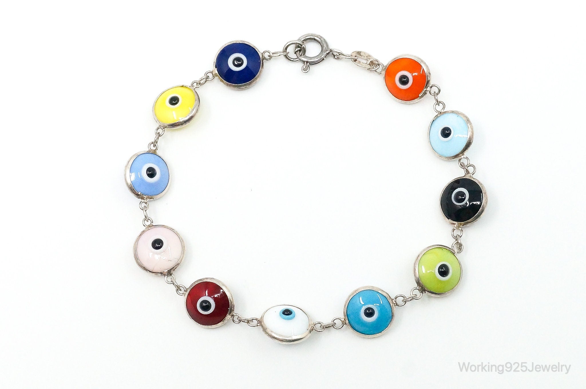 Vintage Lucky Evil Eye Multicolor Glass Sterling Silver Bracelet