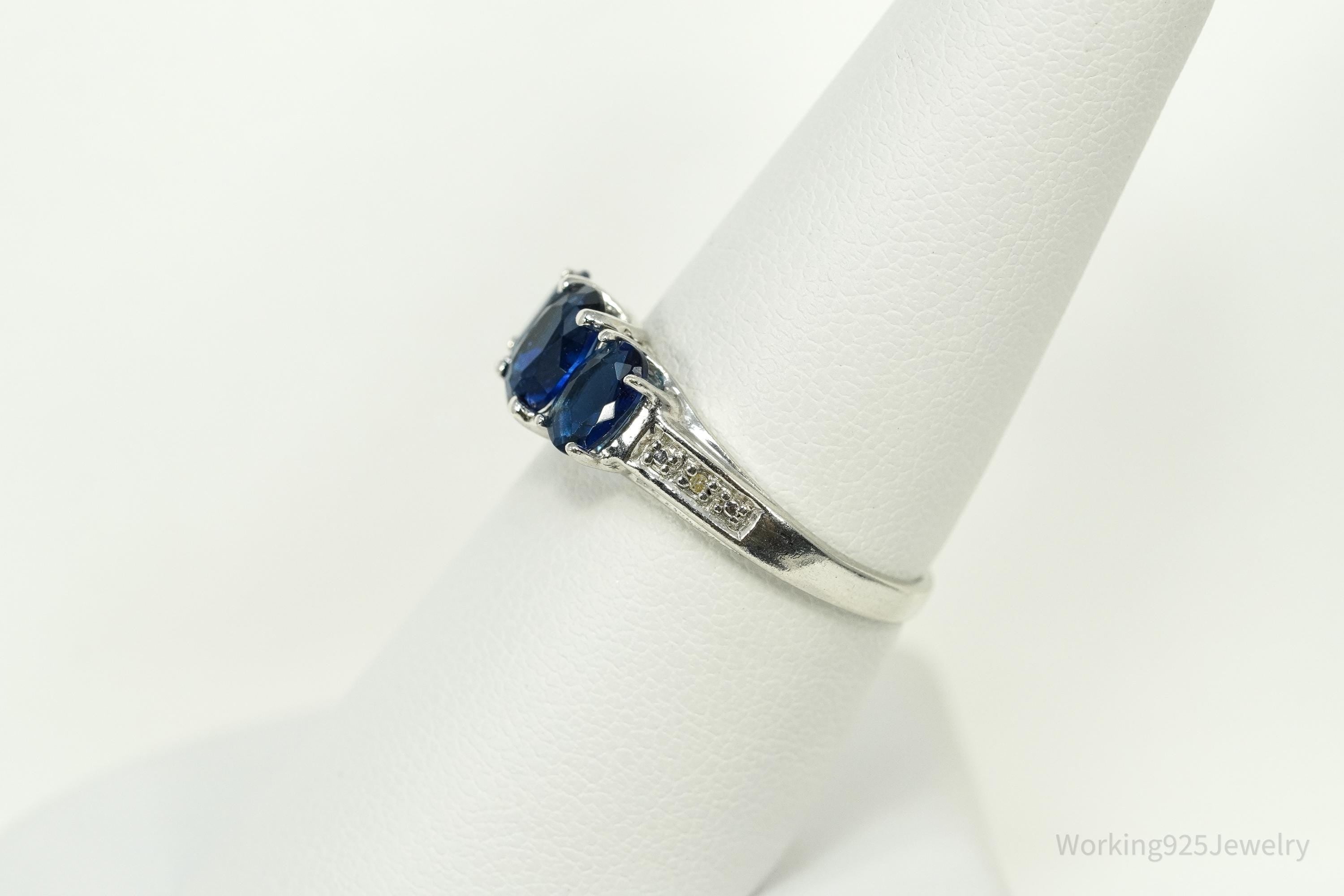 Vintage Blue Simulated Sapphires & 2 Diamonds Sterling Silver Ring - Size 7.25
