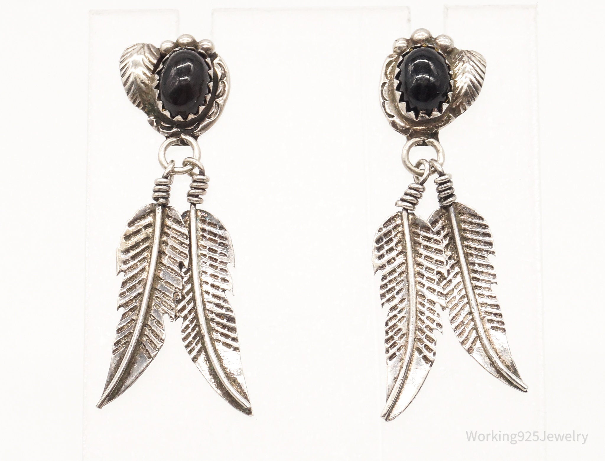 Vintage Native American Black Onyx Sterling Silver Earrings