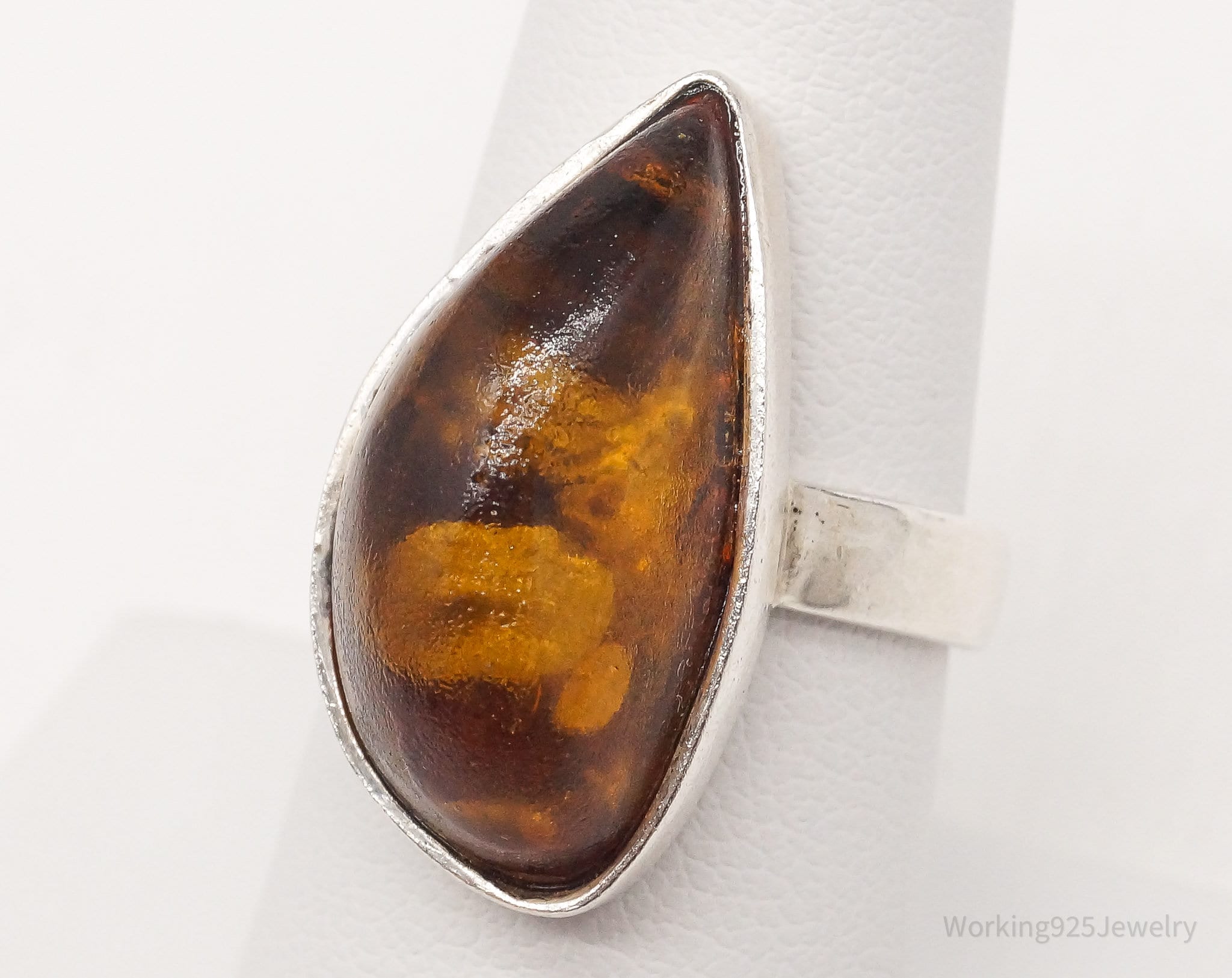 Vintage Large Baltic Amber Sterling Silver Ring Size 7.5