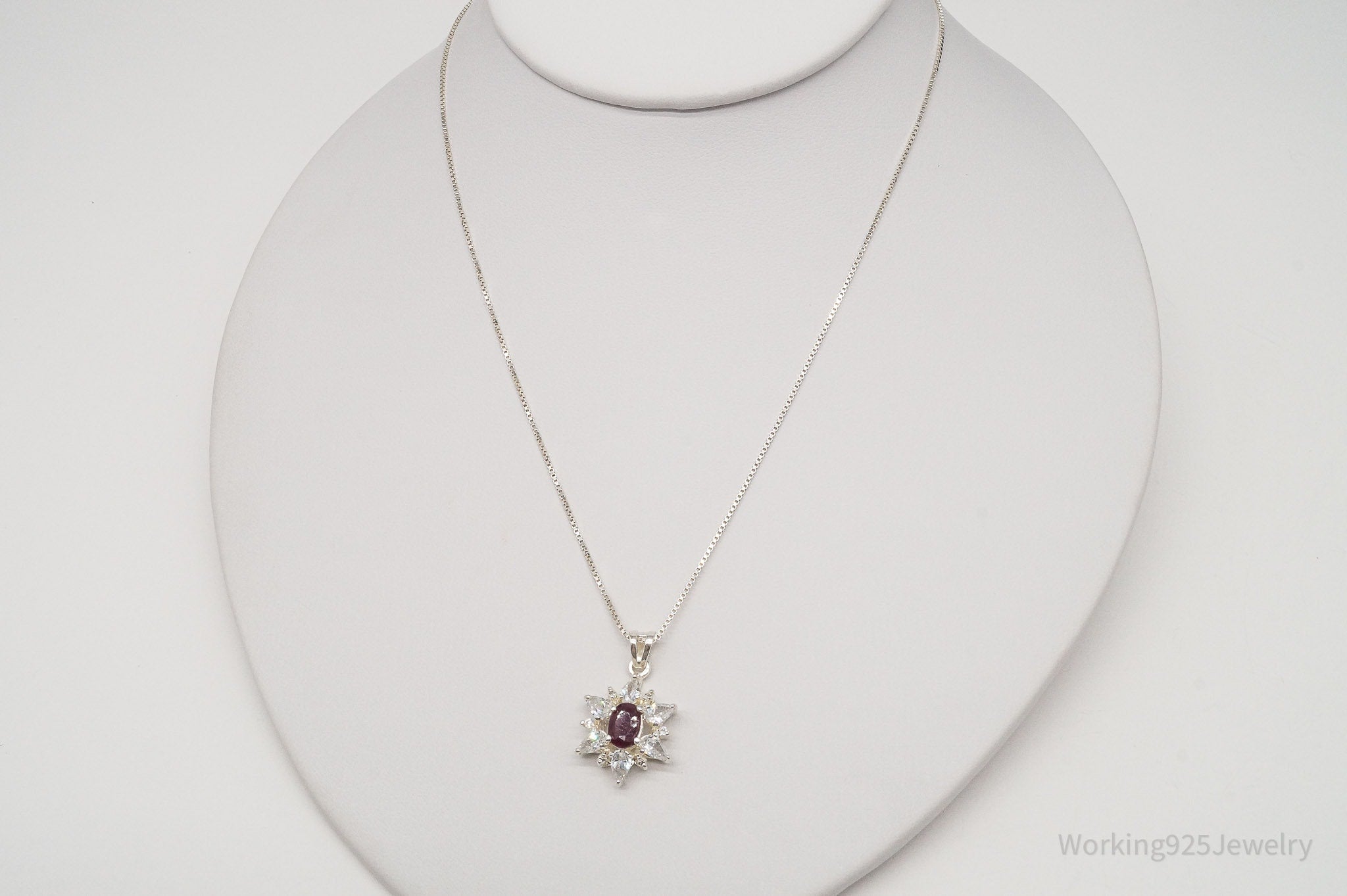 Vintage Raw Cut Ruby Cubic Zirconia Flower Sterling Silver Necklace 18"