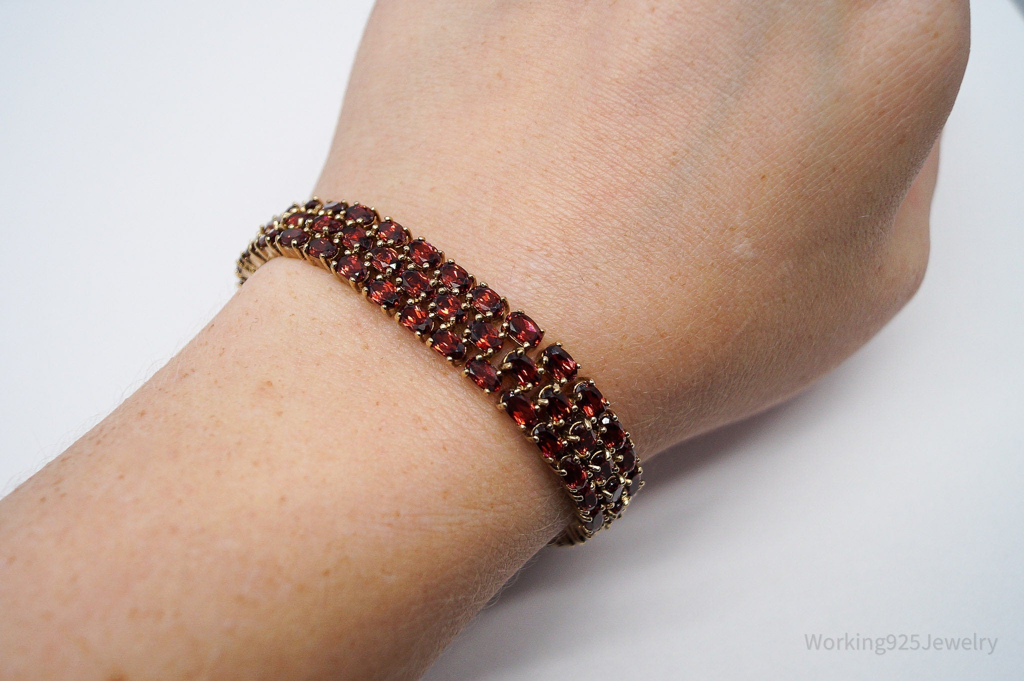 Vintage SETA Garnet Gold Over Sterling Silver Bracelet 7.75"