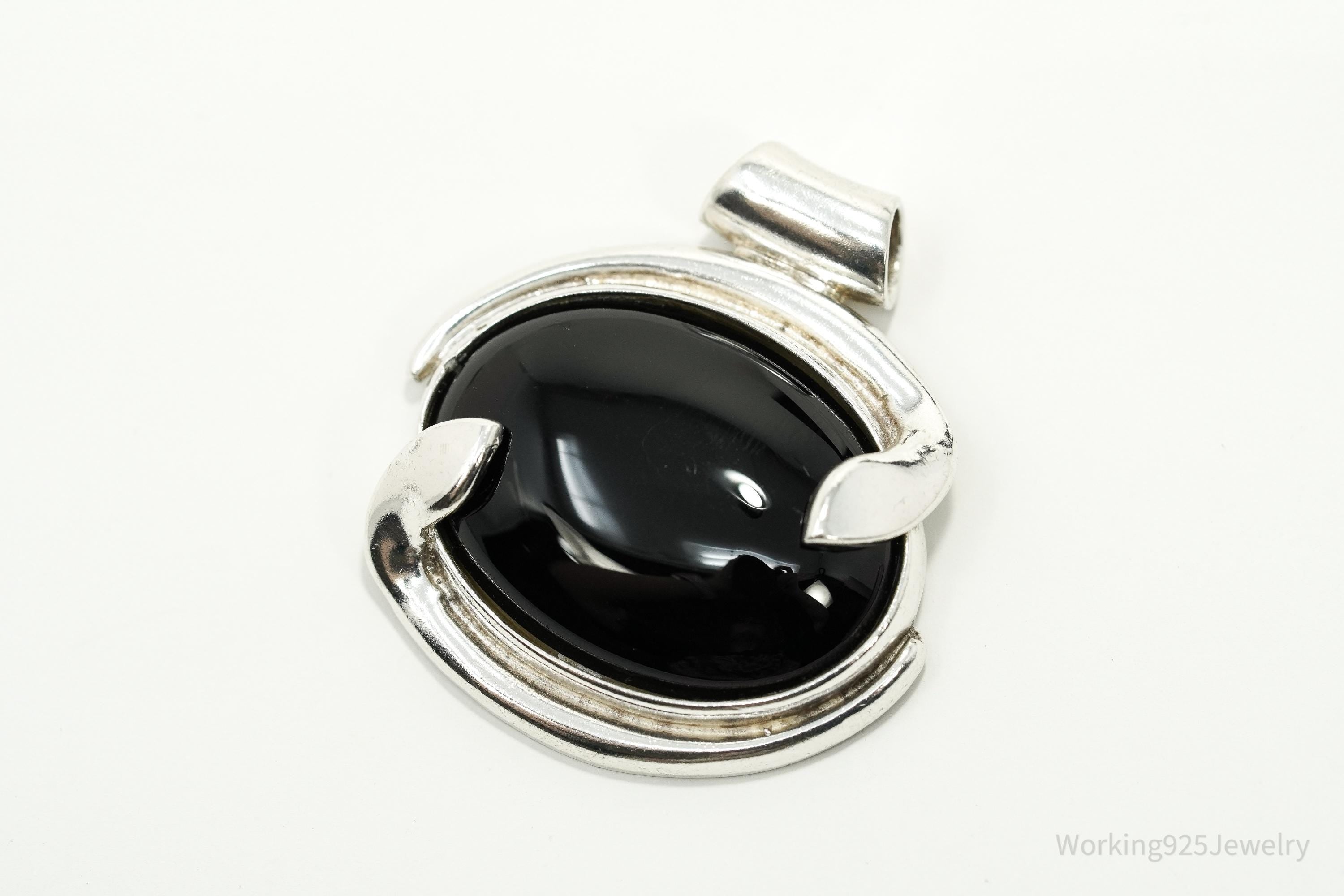 Large Vintage Modernist Style Black Onyx Sterling Silver Necklace Pendant 1.5"