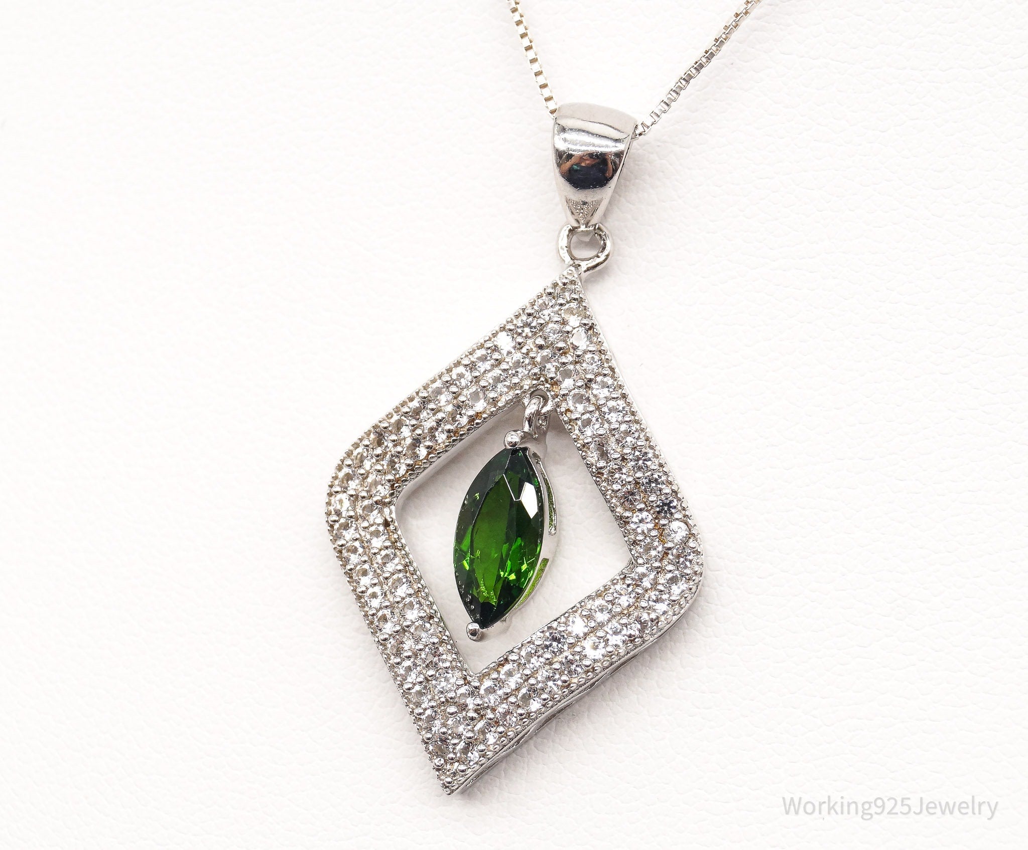 Vintage Lab Emerald Cubic Zirconia Sterling Silver Necklace