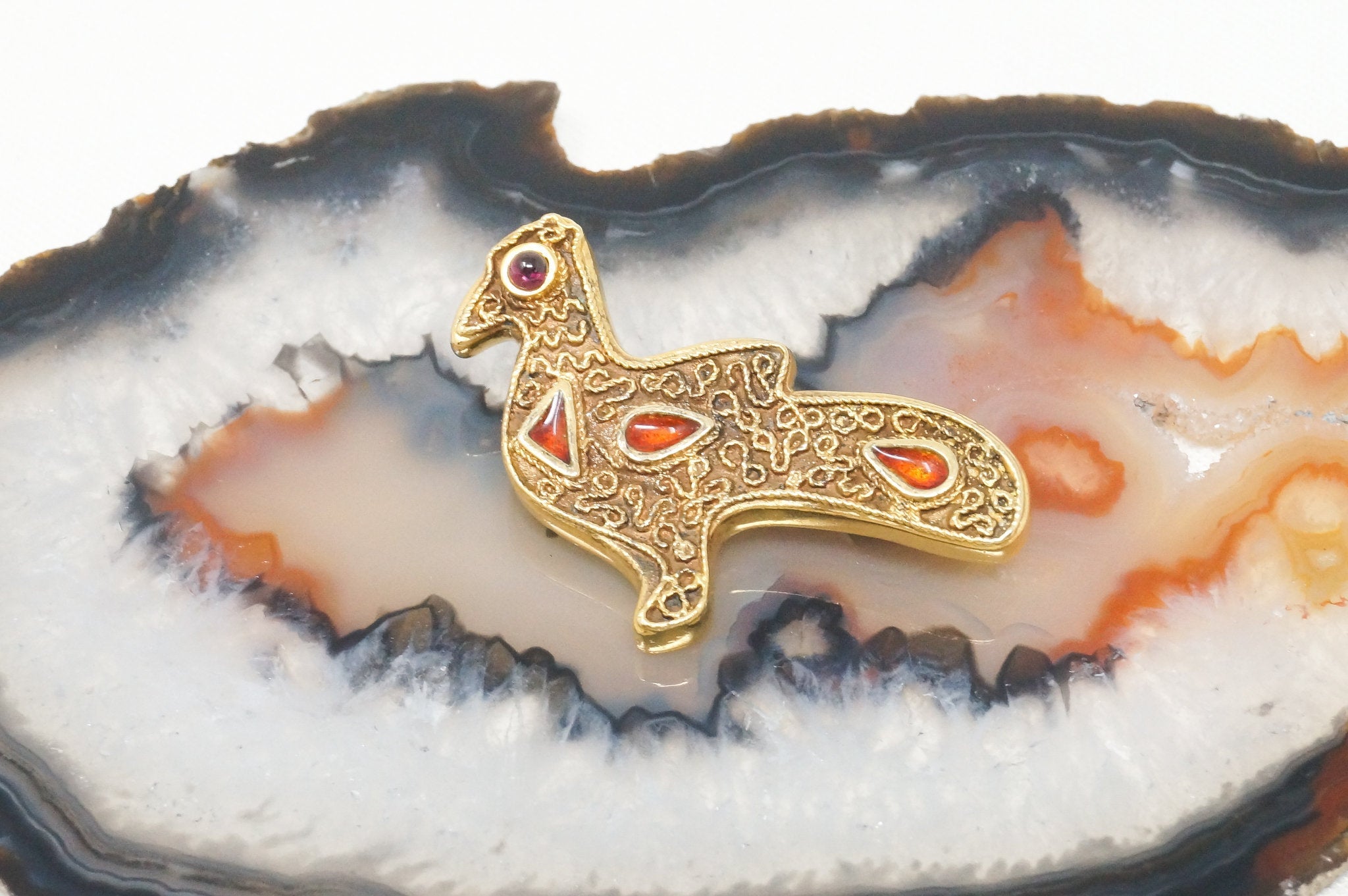 Vitg Designer MMA WAG Gold Wash Bird Enamel Amethyst Sterling Silver Brooch Pin