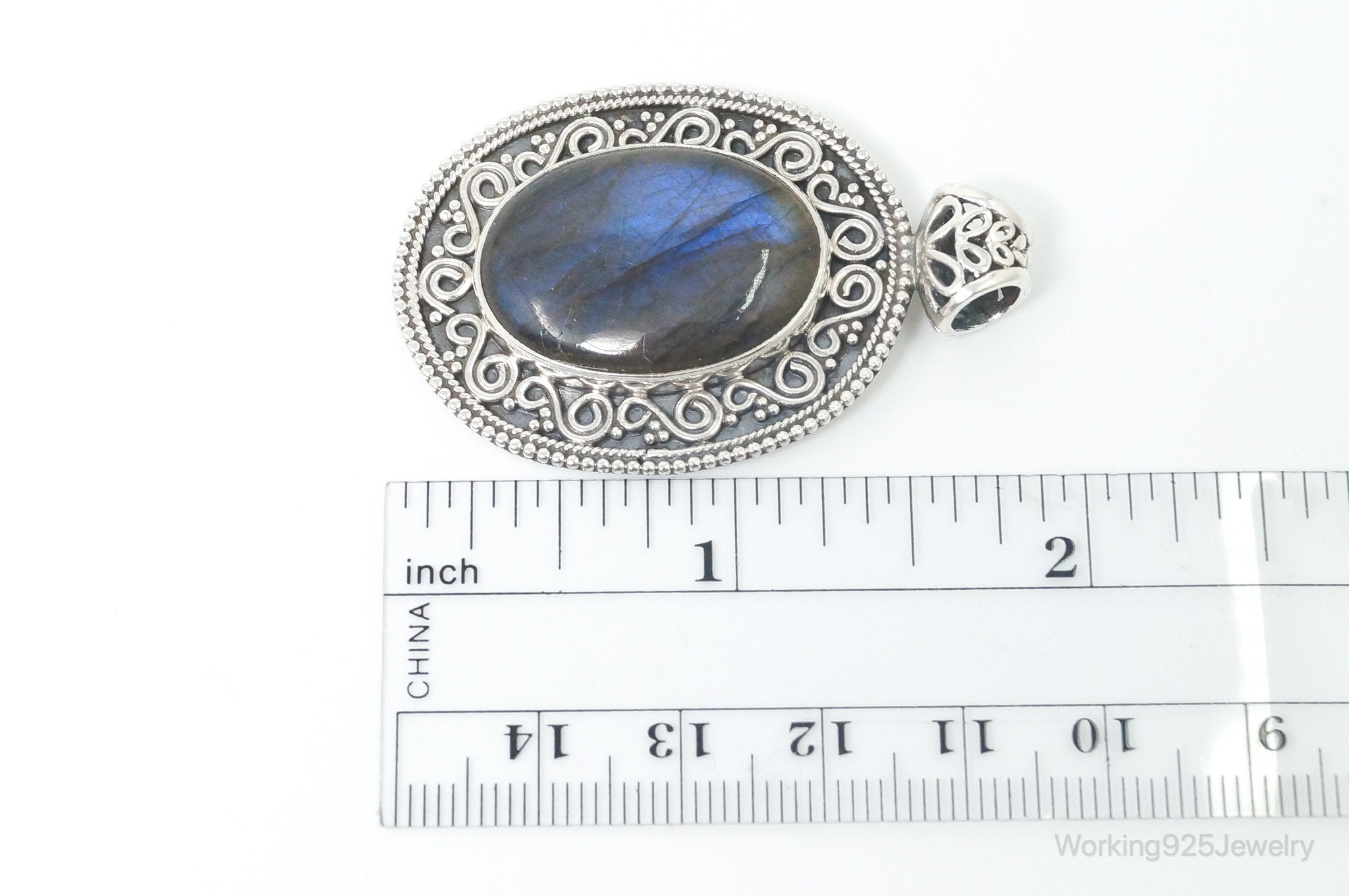 Vintage Large Labradorite Bali Sterling Silver Necklace Pendant