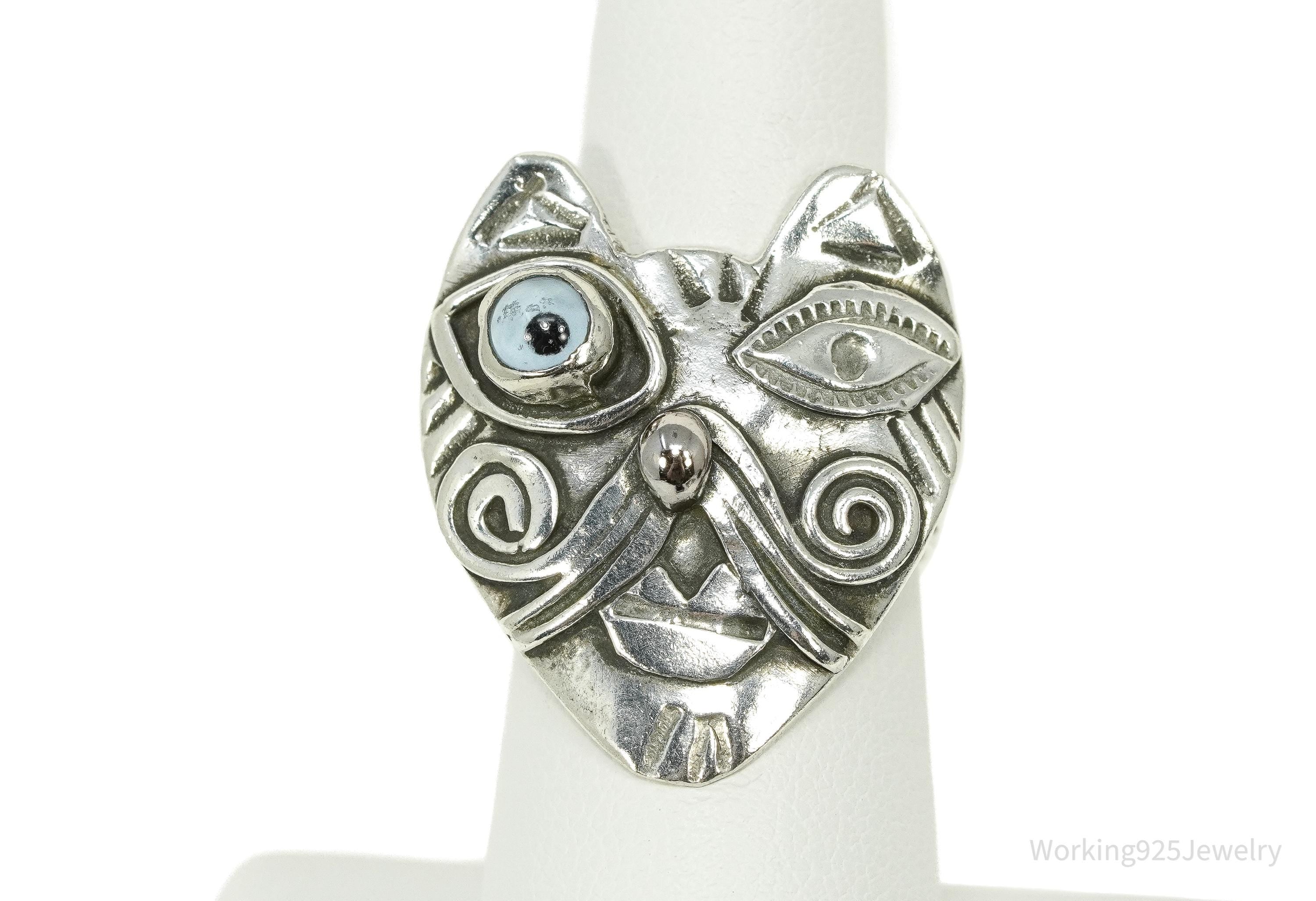 Vintage Large Cat Face With Evil Eye Motif Silver Ring - Size 7.5