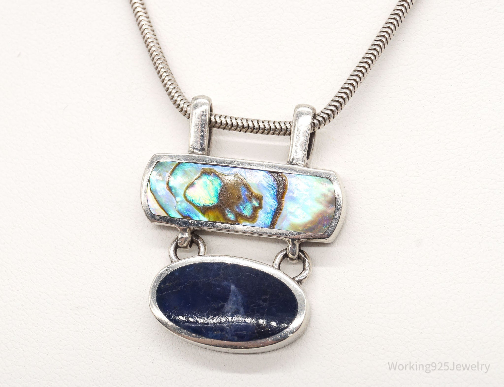 Vintage Paua Abalone Shell Sodalite Sterling Silver Necklace