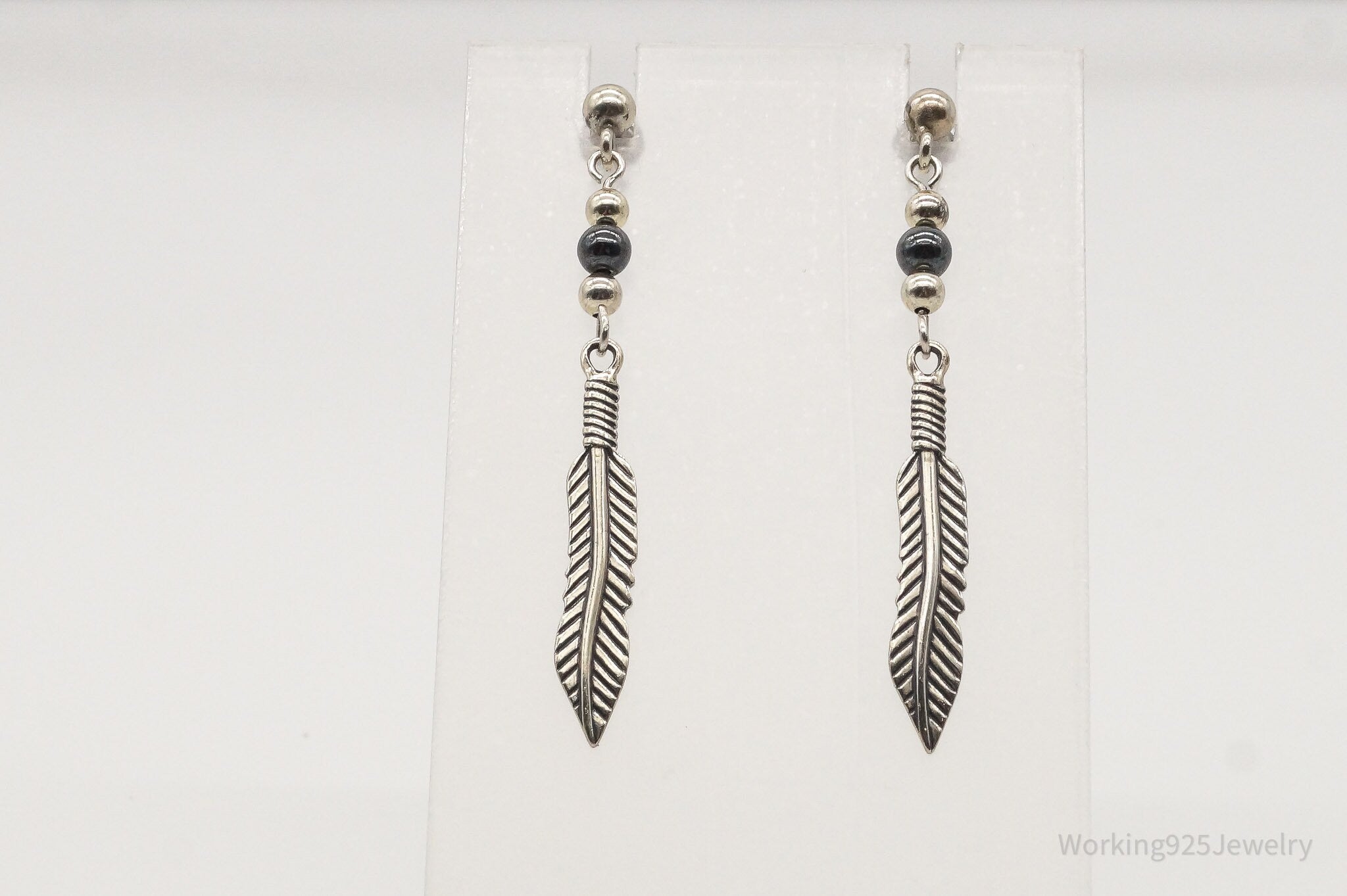 Vintage WM Co Hematite Feather Sterling Silver Earrings