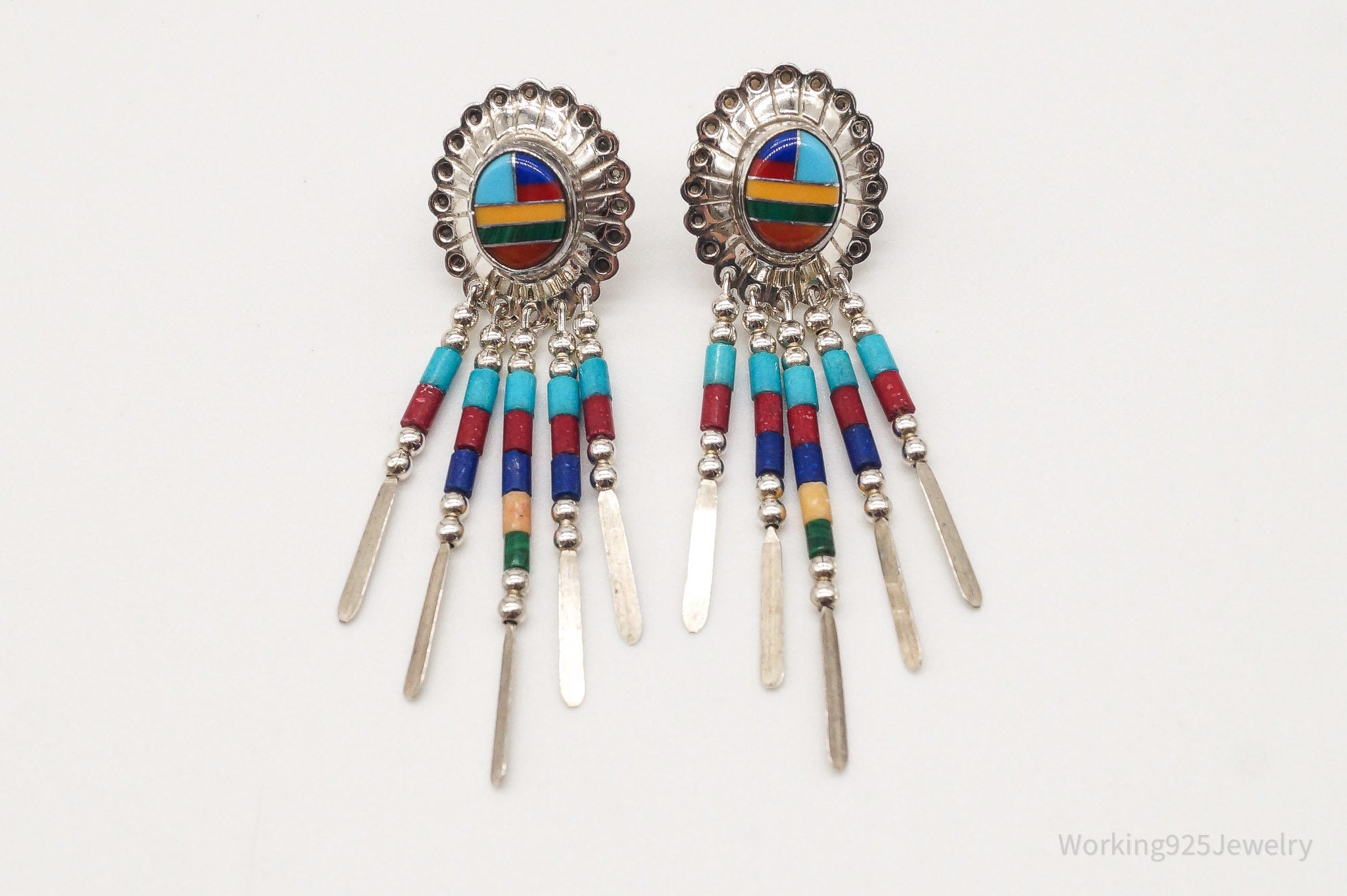 Vintage Native American Multi Gem Bead Sterling Silver Earrings