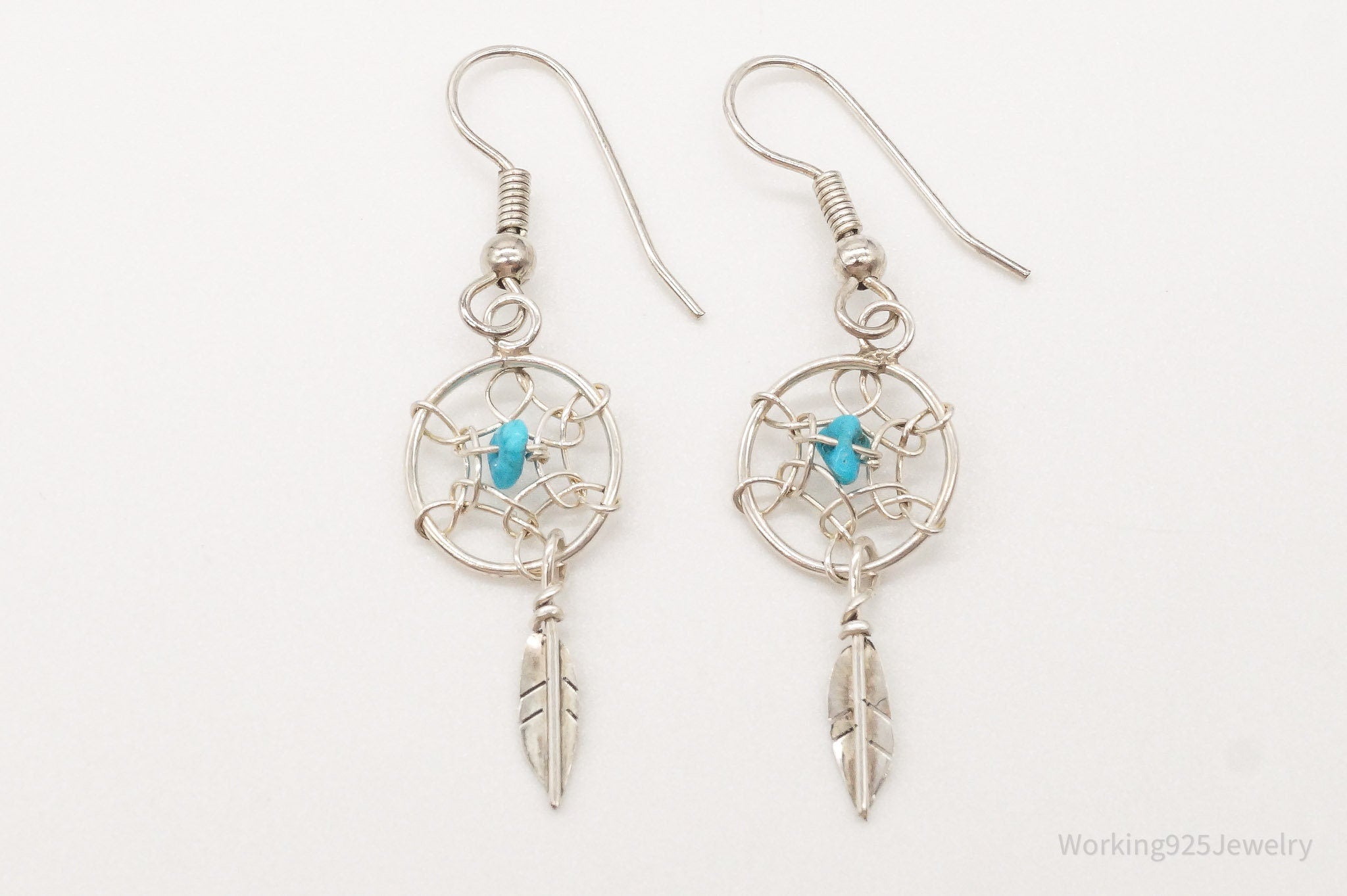 Vintage Native American Turquoise Dream Catcher Silver Earrings