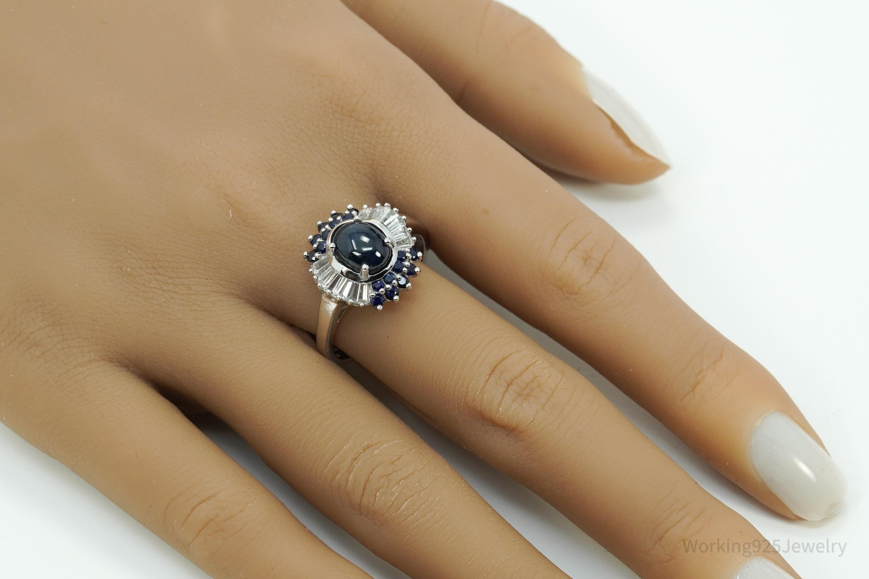 Blue Star Sapphire & White Zircon Sterling Silver Ring - Size 10.75