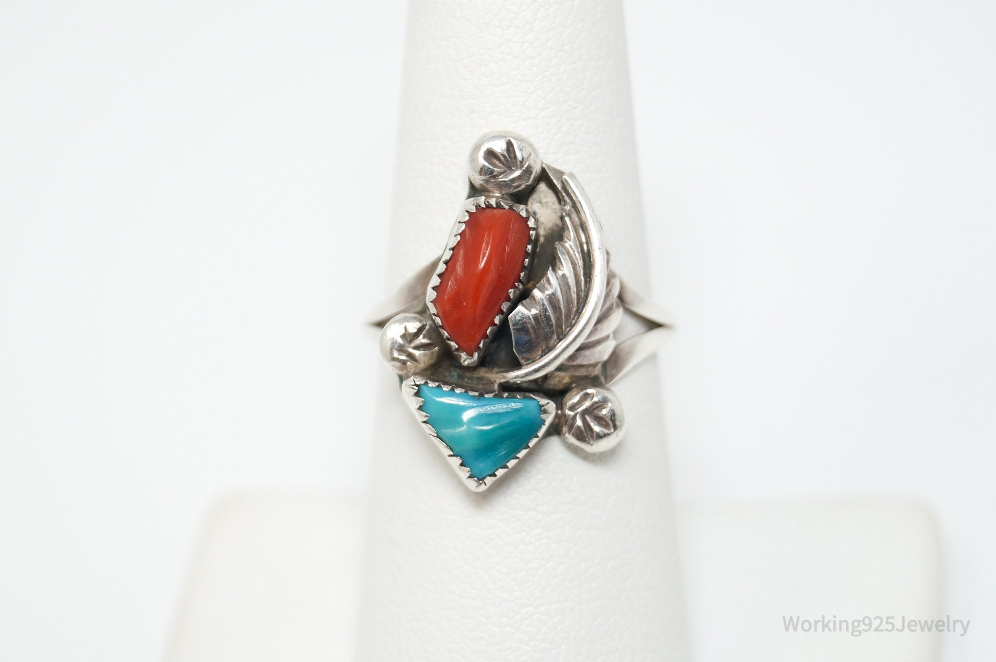 Vtg Native American Turquoise Coral Sterling Silver Ring - Sz 7.5