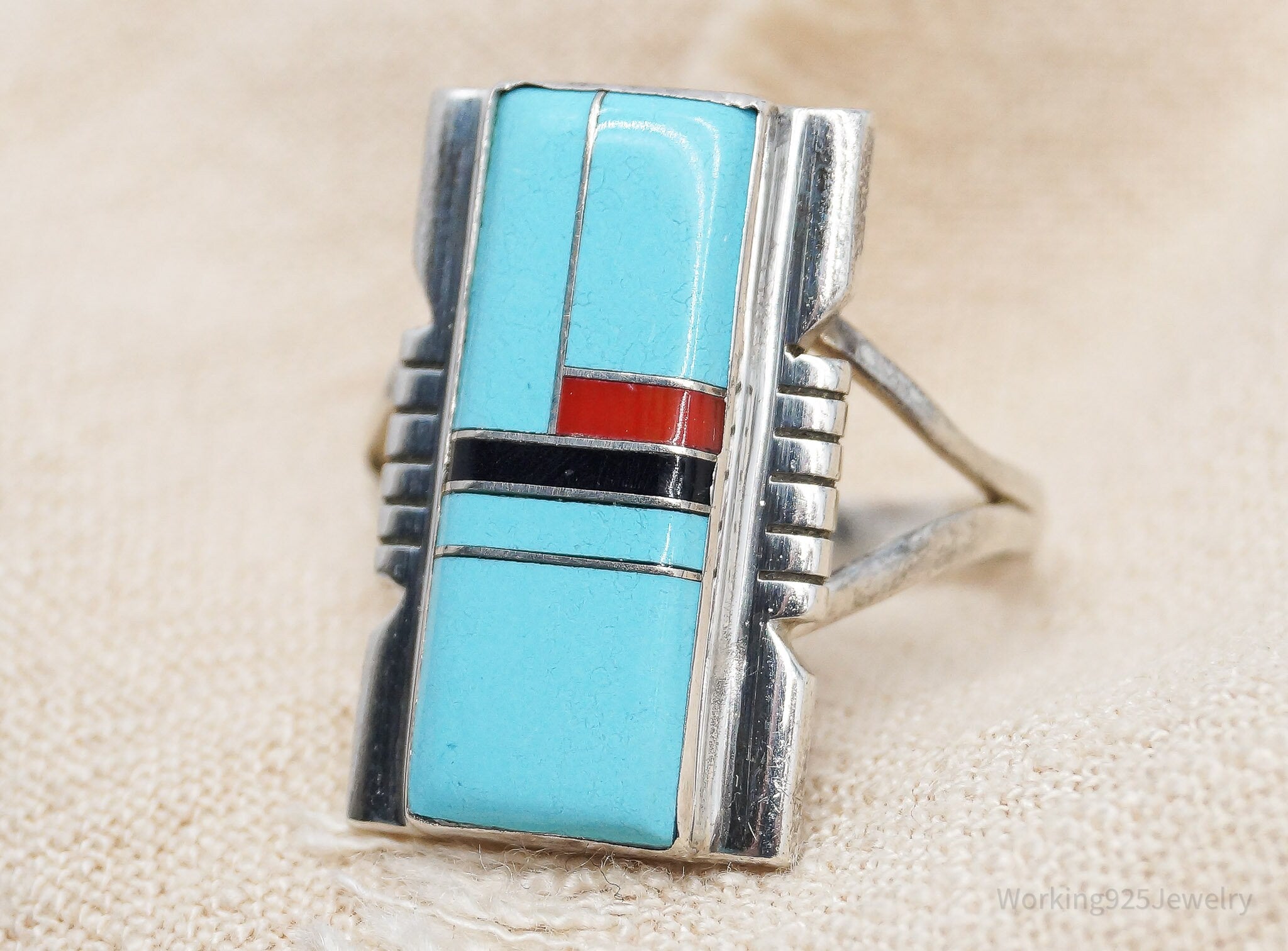 Vintage Native American Multi Gem Inlay Sterling Silver Ring - Size 9