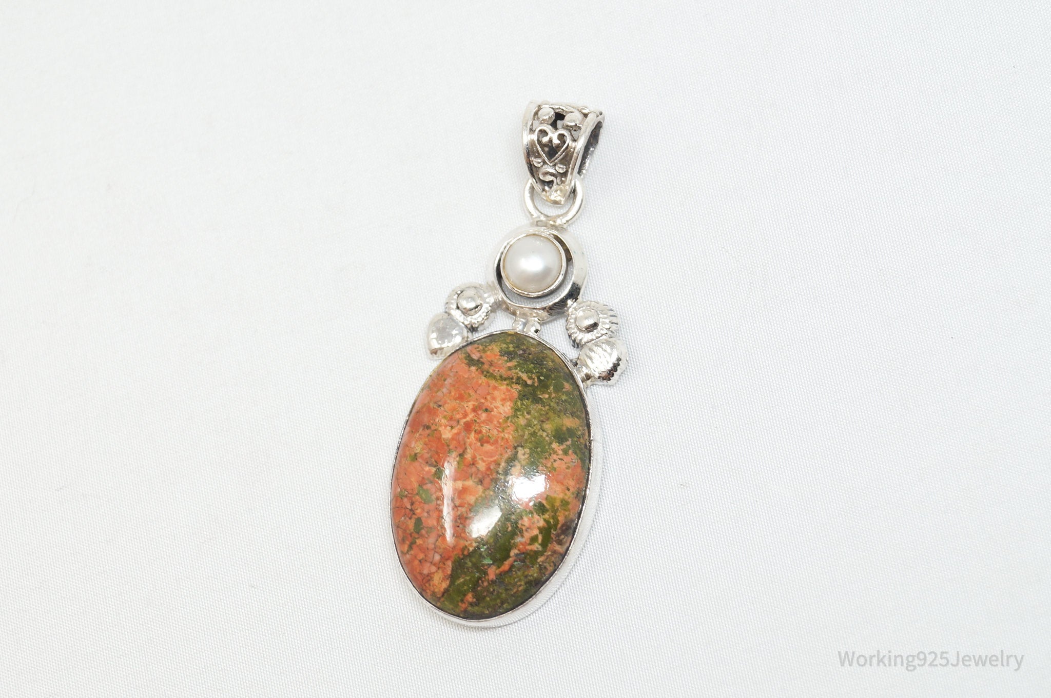 Vintage Large Green Orange Unakite Jasper Pearl Sterling Silver Necklace Pendant