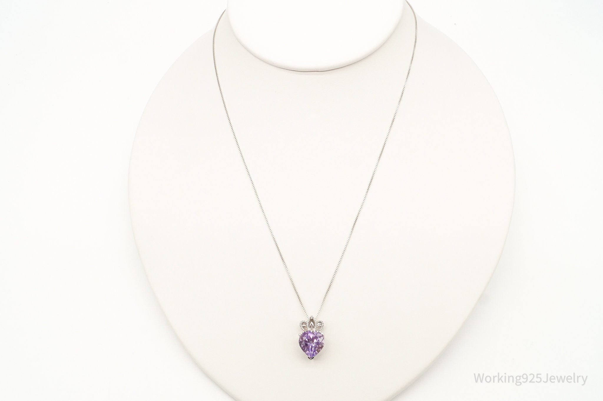 Vintage Purple Cubic Zirconia Crowned Heart Sterling Silver Necklace