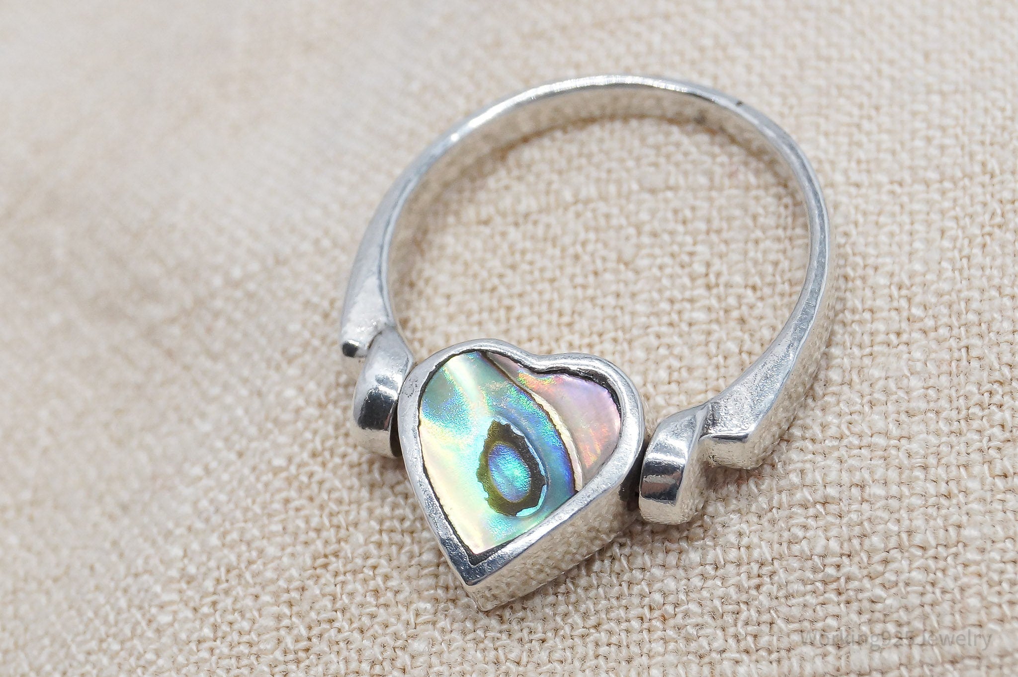 Vintage Spinning Paua Abalone Shell Heart Sterling Silver Ring - Size 5.75