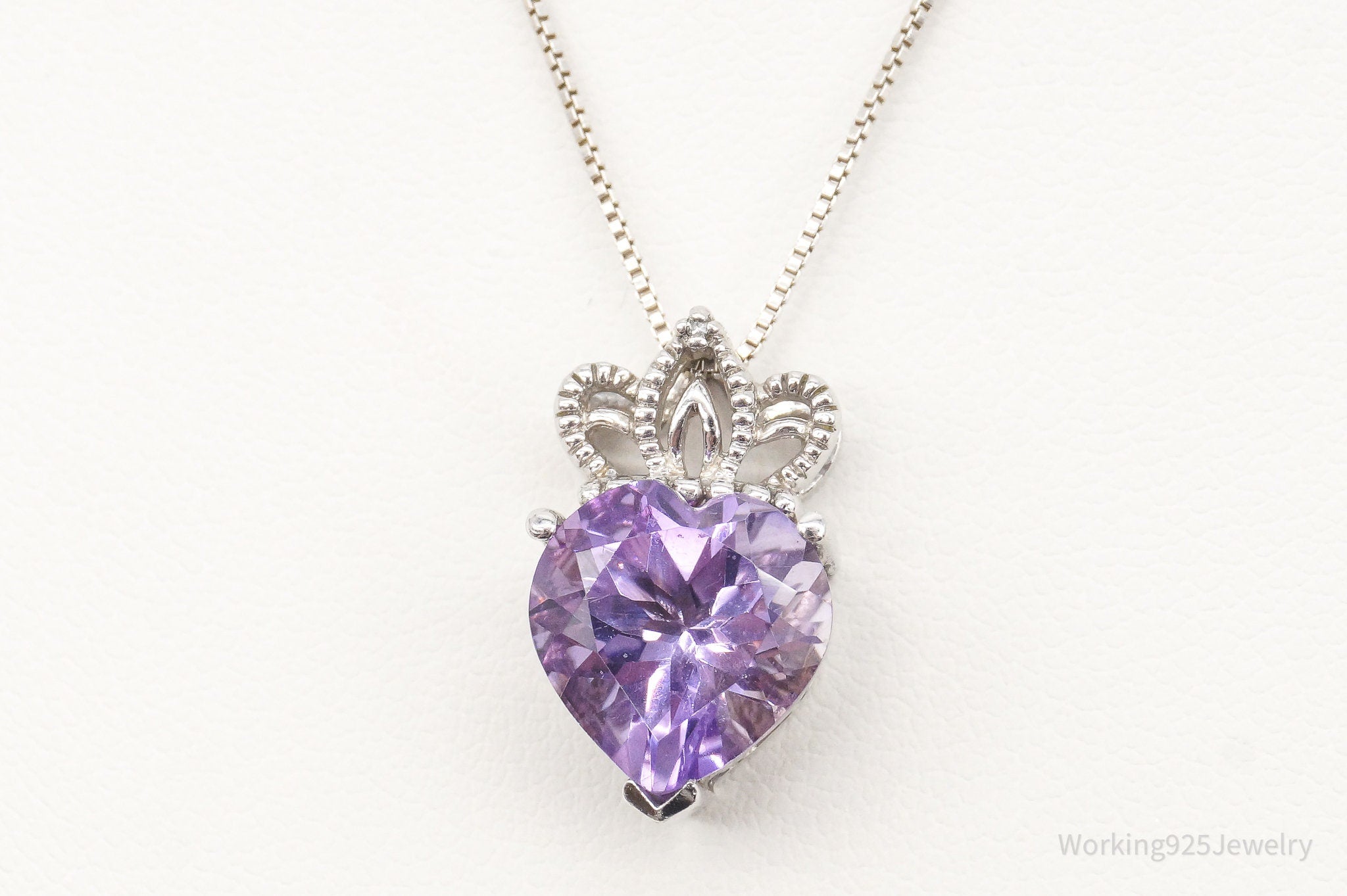 Vintage Purple Cubic Zirconia Crowned Heart Sterling Silver Necklace