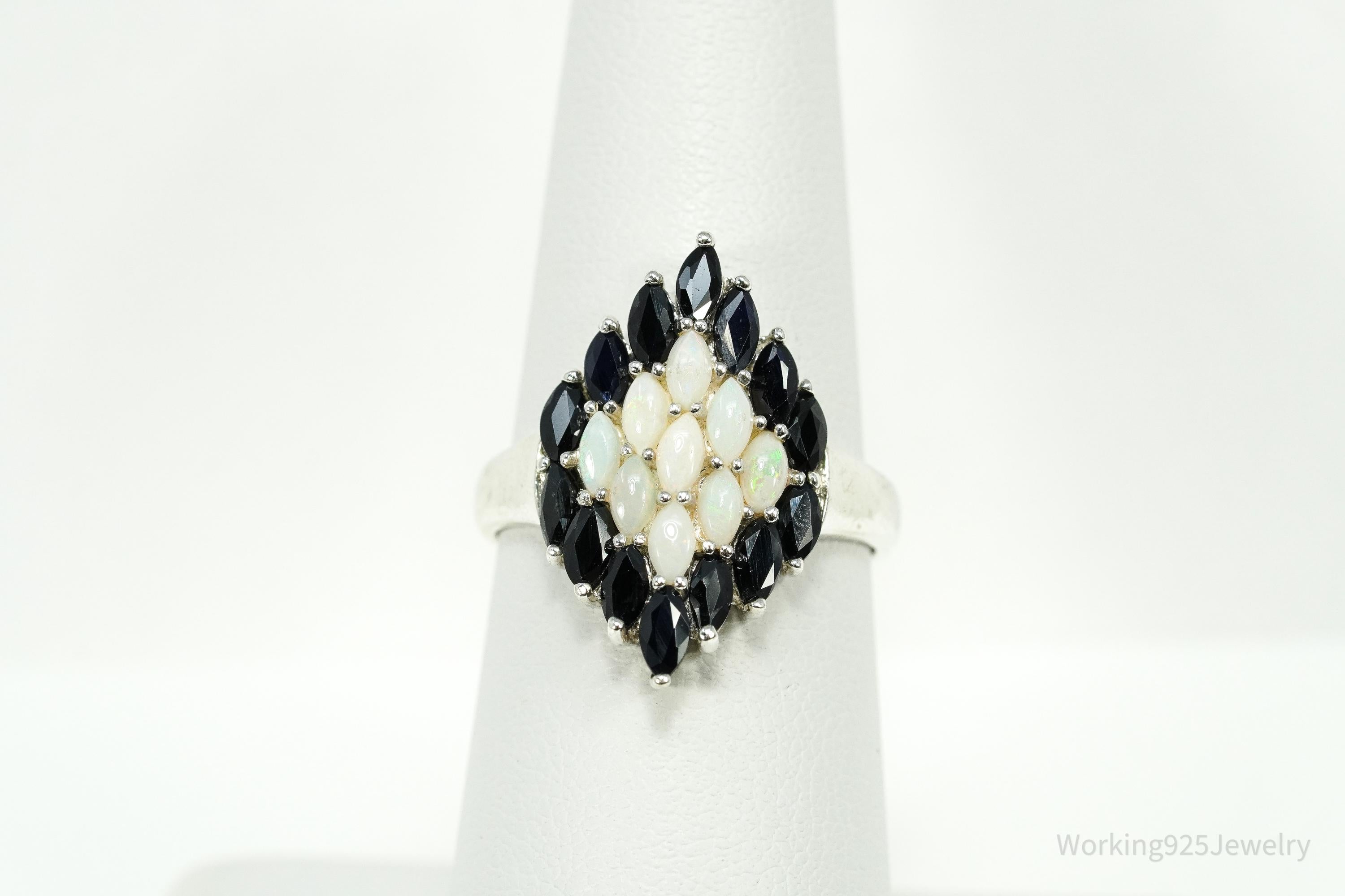 Vintage Opal & Blue Sapphire Sterling Silver Ring - Size 7