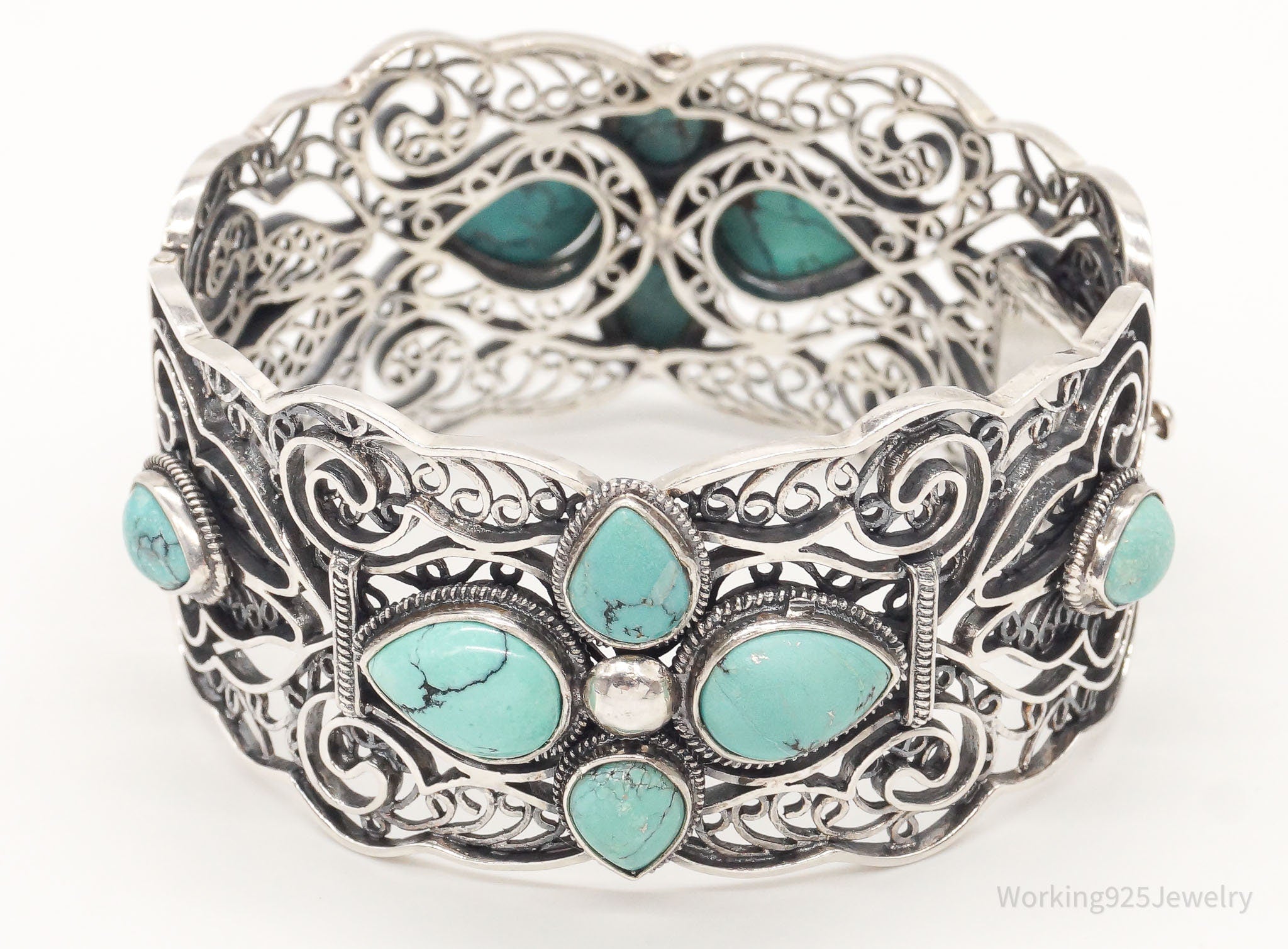 Vintage Chinese Designer BJ Turquoise Filigree Sterling Silver Cuff Bracelet