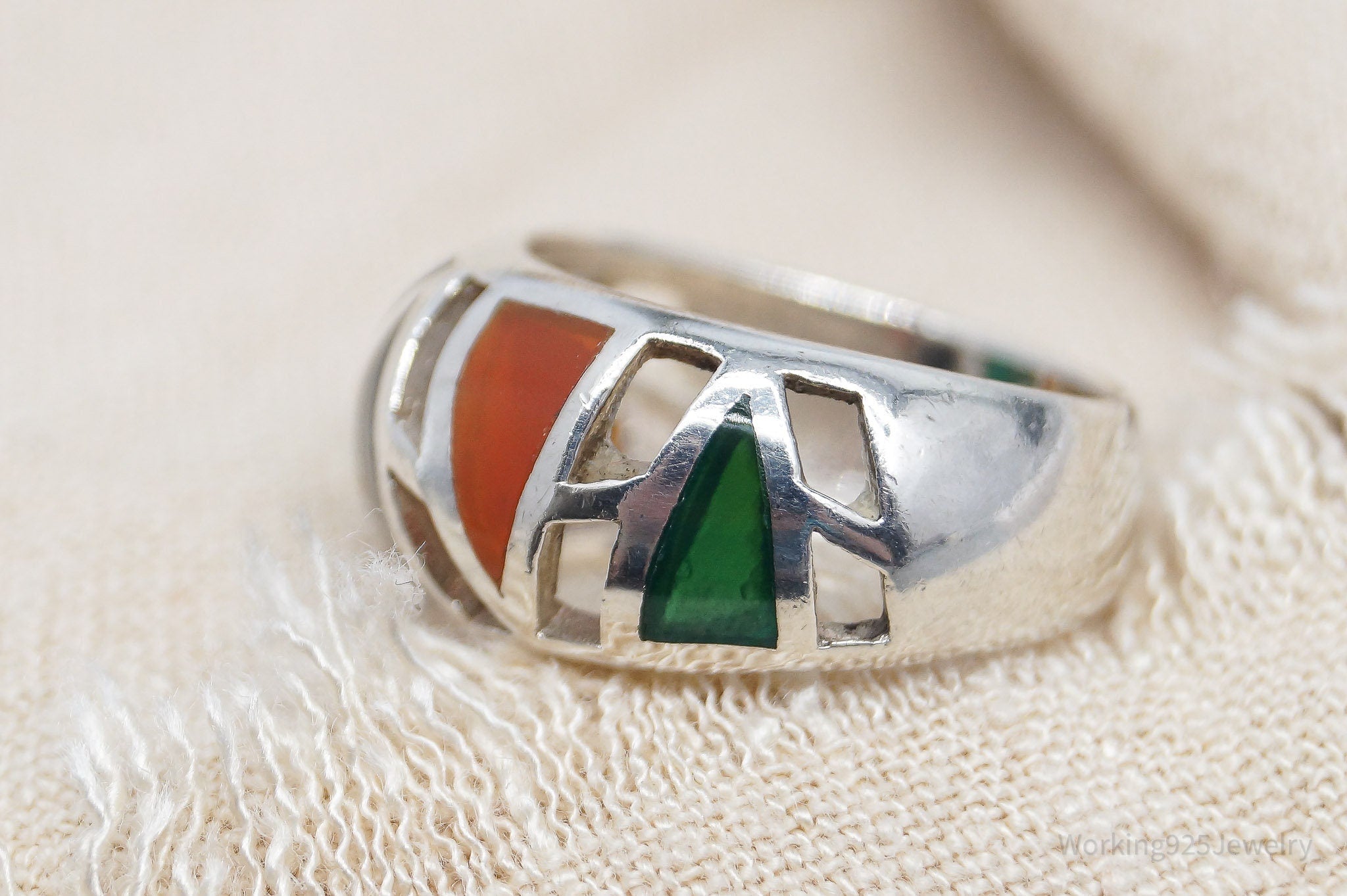 Vintage Multi Color Onyx Inlay Sterling Silver Ring - Size 6