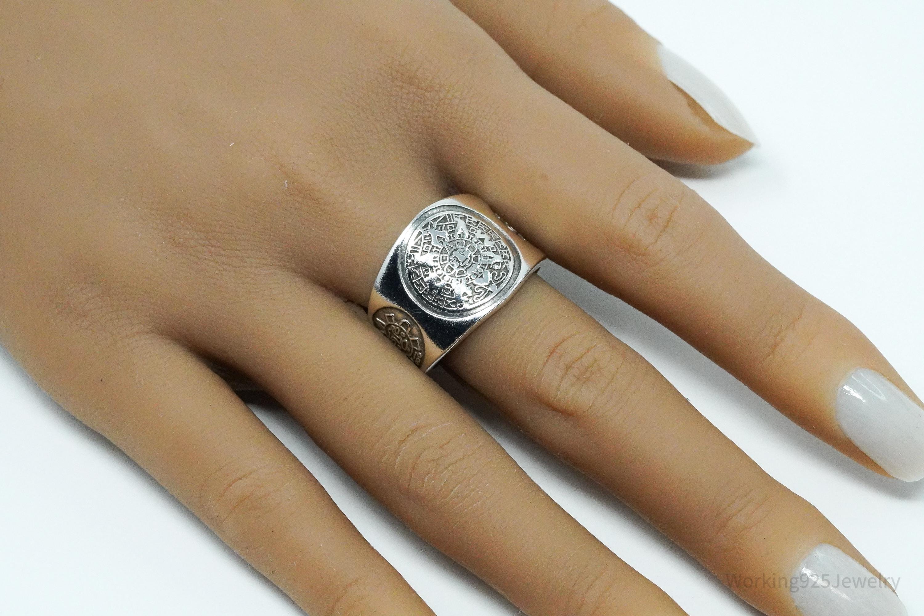 Vintage Aztec Mayan Sun Calendar Sterling Silver Ring Size 10