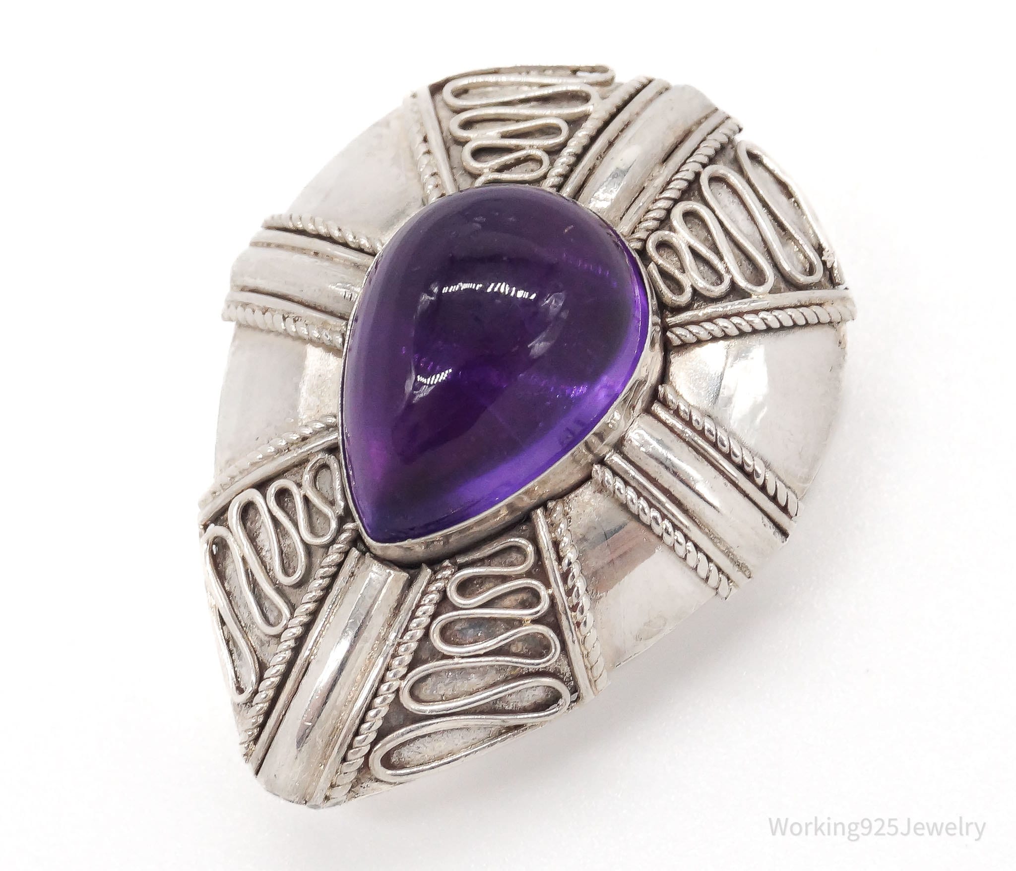 Vintage Amethyst Bali Style Sterling Silver Brooch Pin Pendant