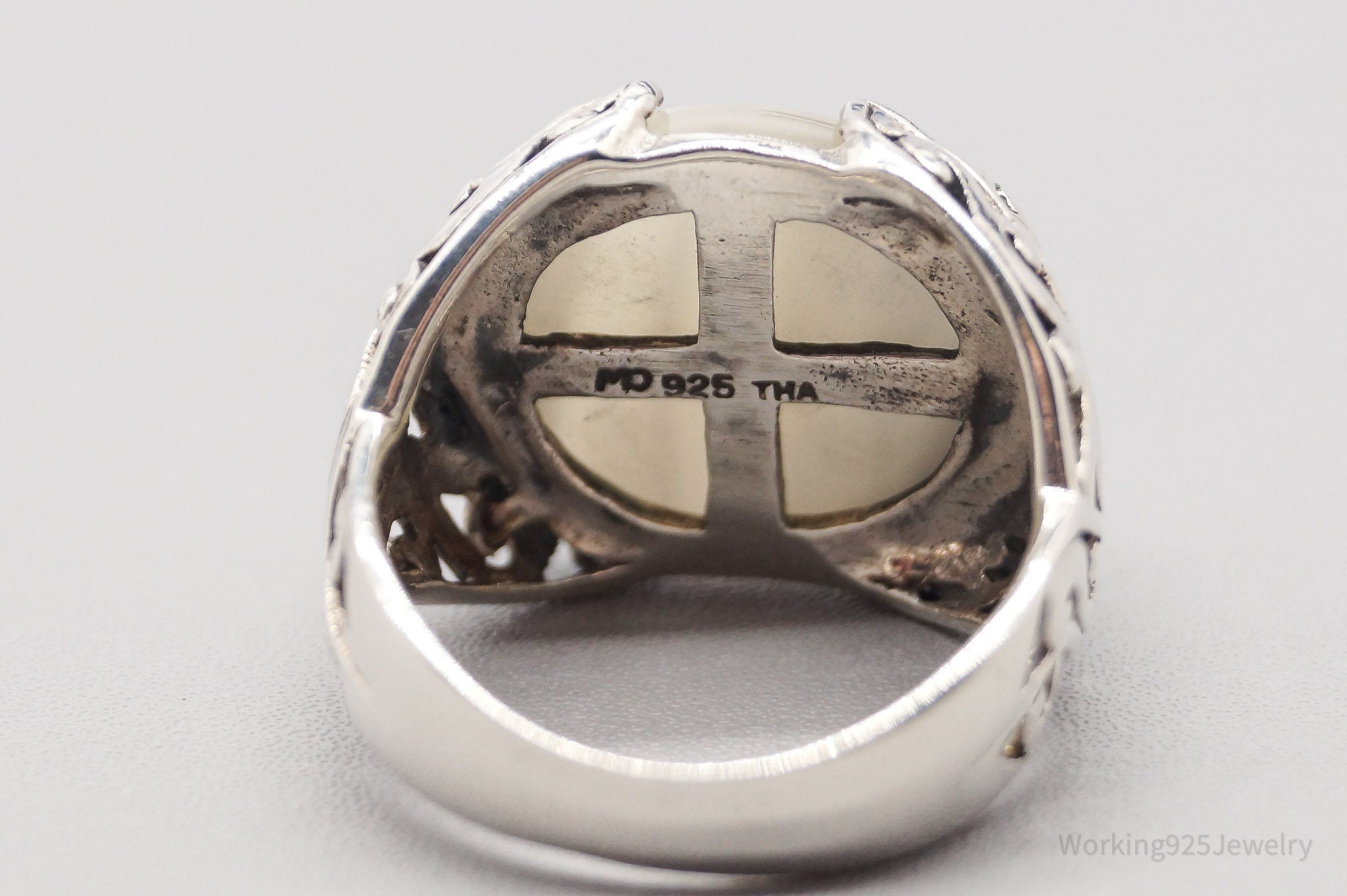 Vintage Faux White Striped Stone Sterling Silver Ring - Size 9
