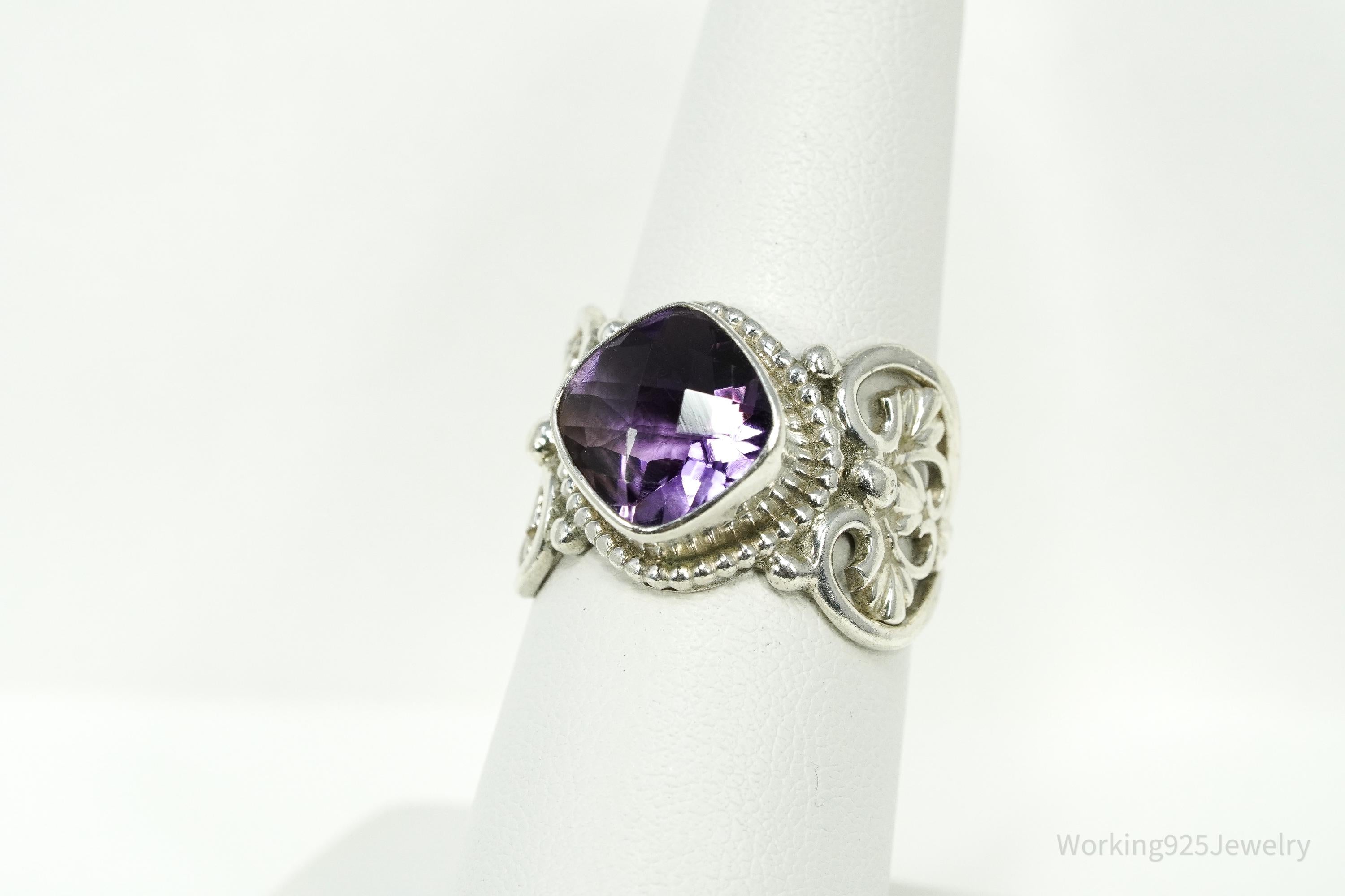 Vintage Nepal Purple Amethyst Sterling Silver Ring Size 7