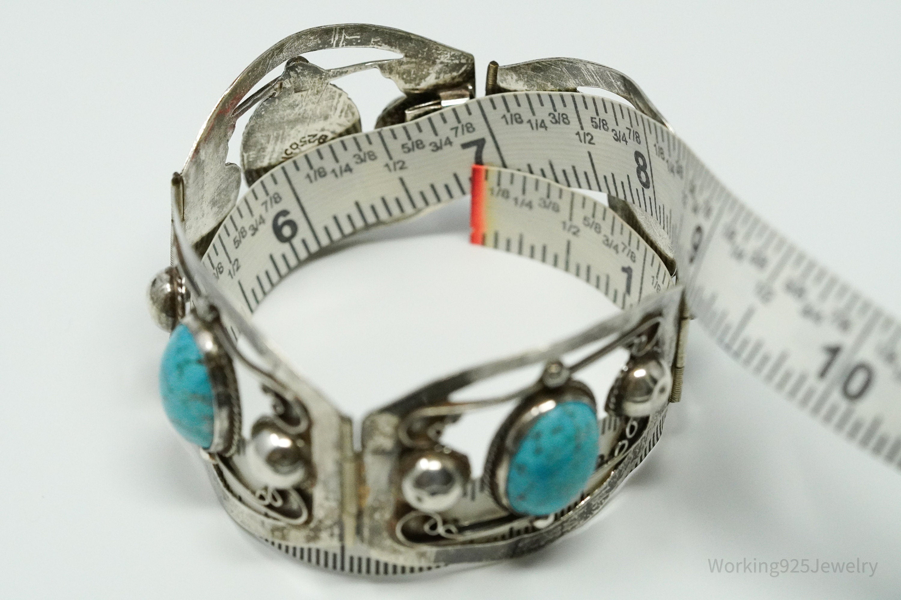 Vintage Mexico Glass Turquoise Sterling Silver Bracelet - 6.75"
