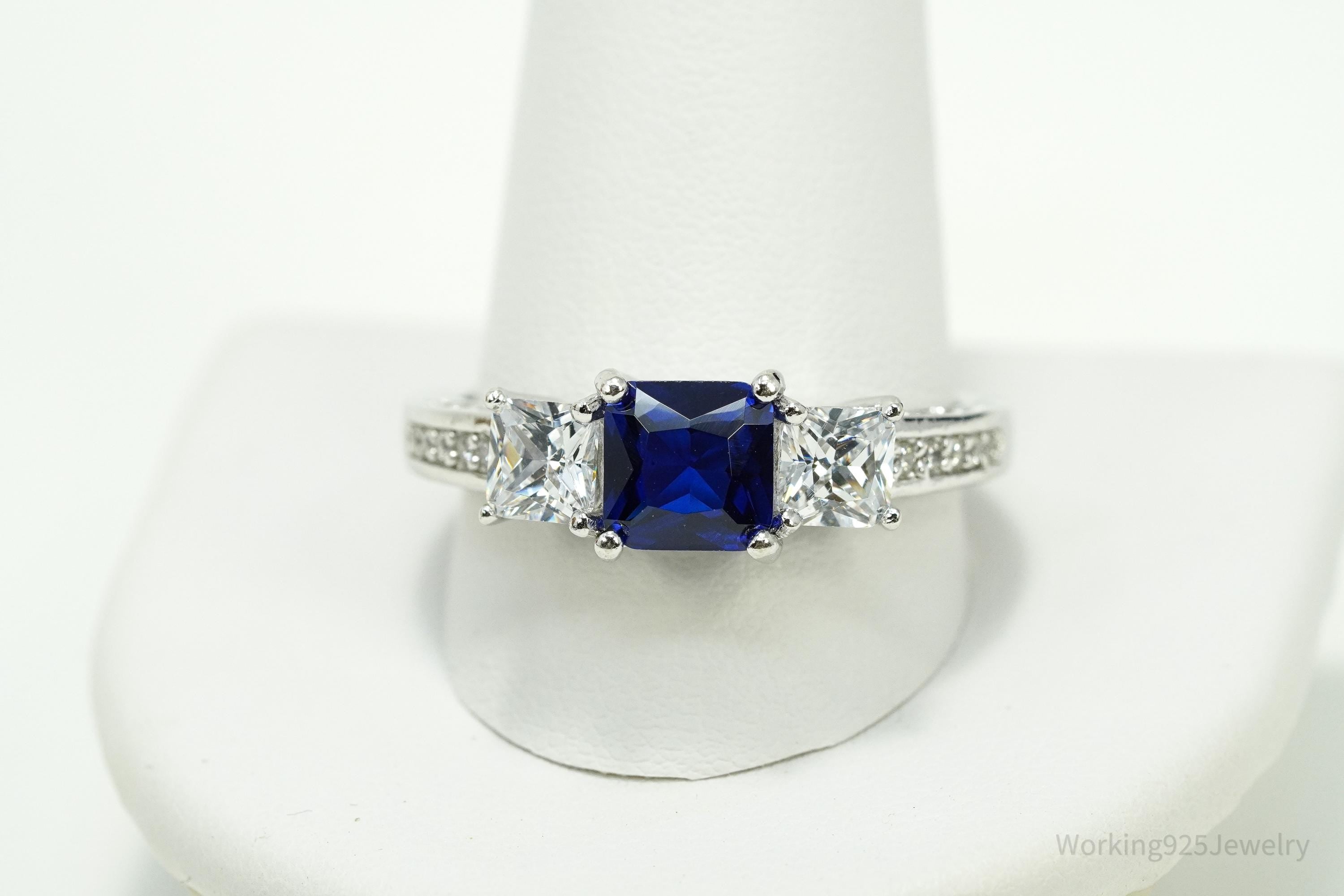 Vintage Lab Sapphire & Cubic Zirconia Sterling Silver Ring - Size 12.25