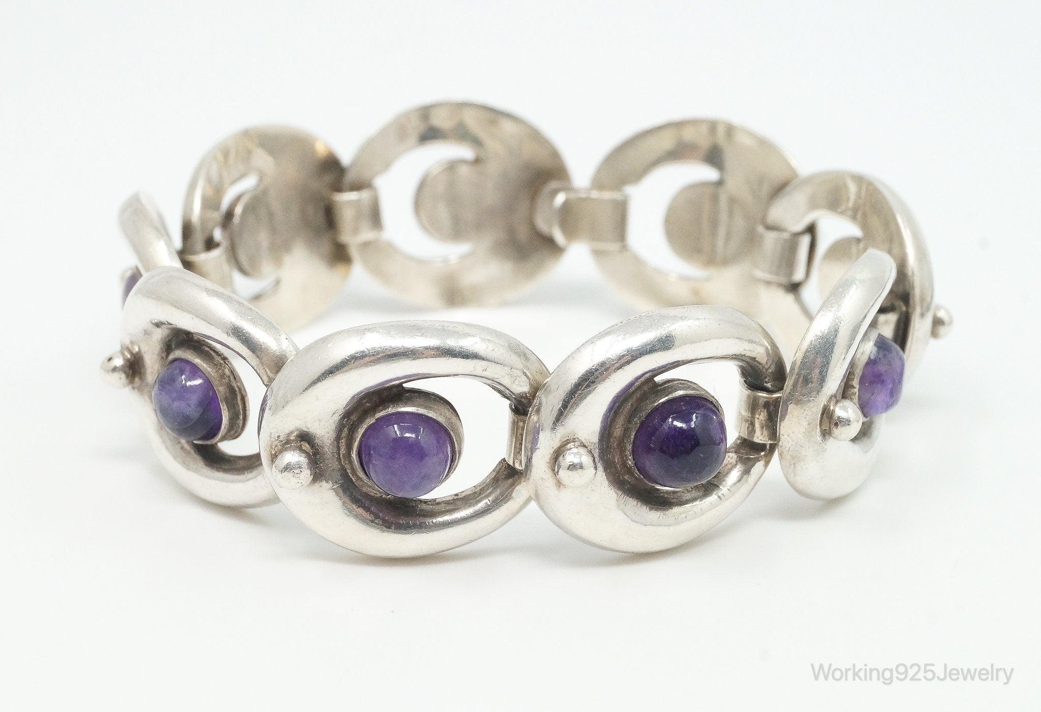 Vintage Mexico Amethyst Modernist Sterling Silver Bracelet