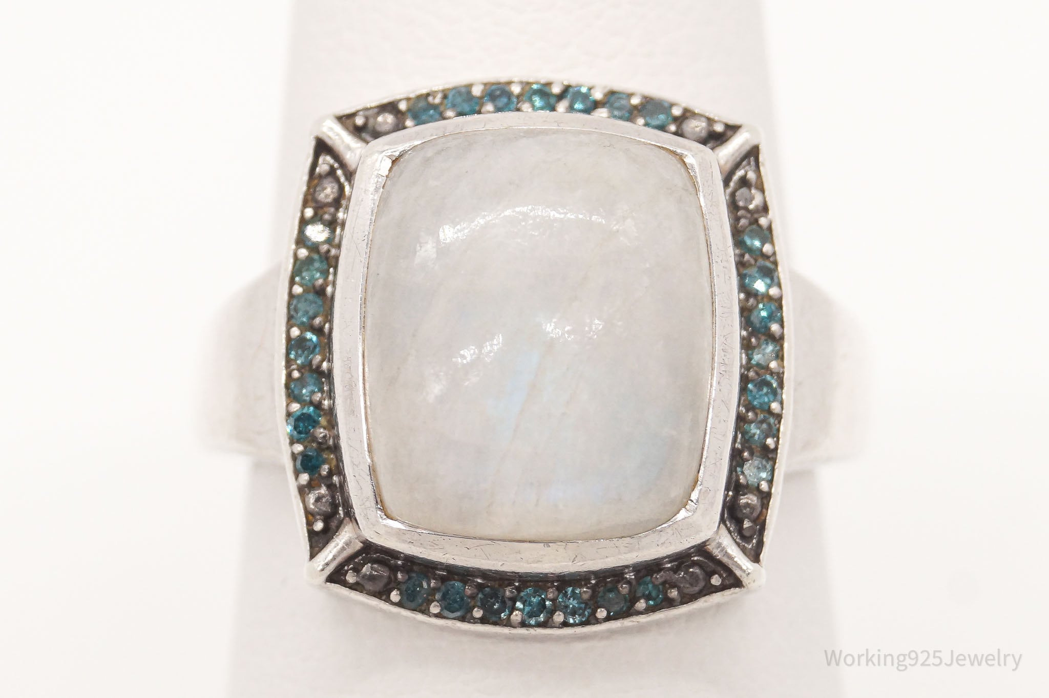 Vintage Moonstone Blue Diamond Sterling Silver Ring - Size 7