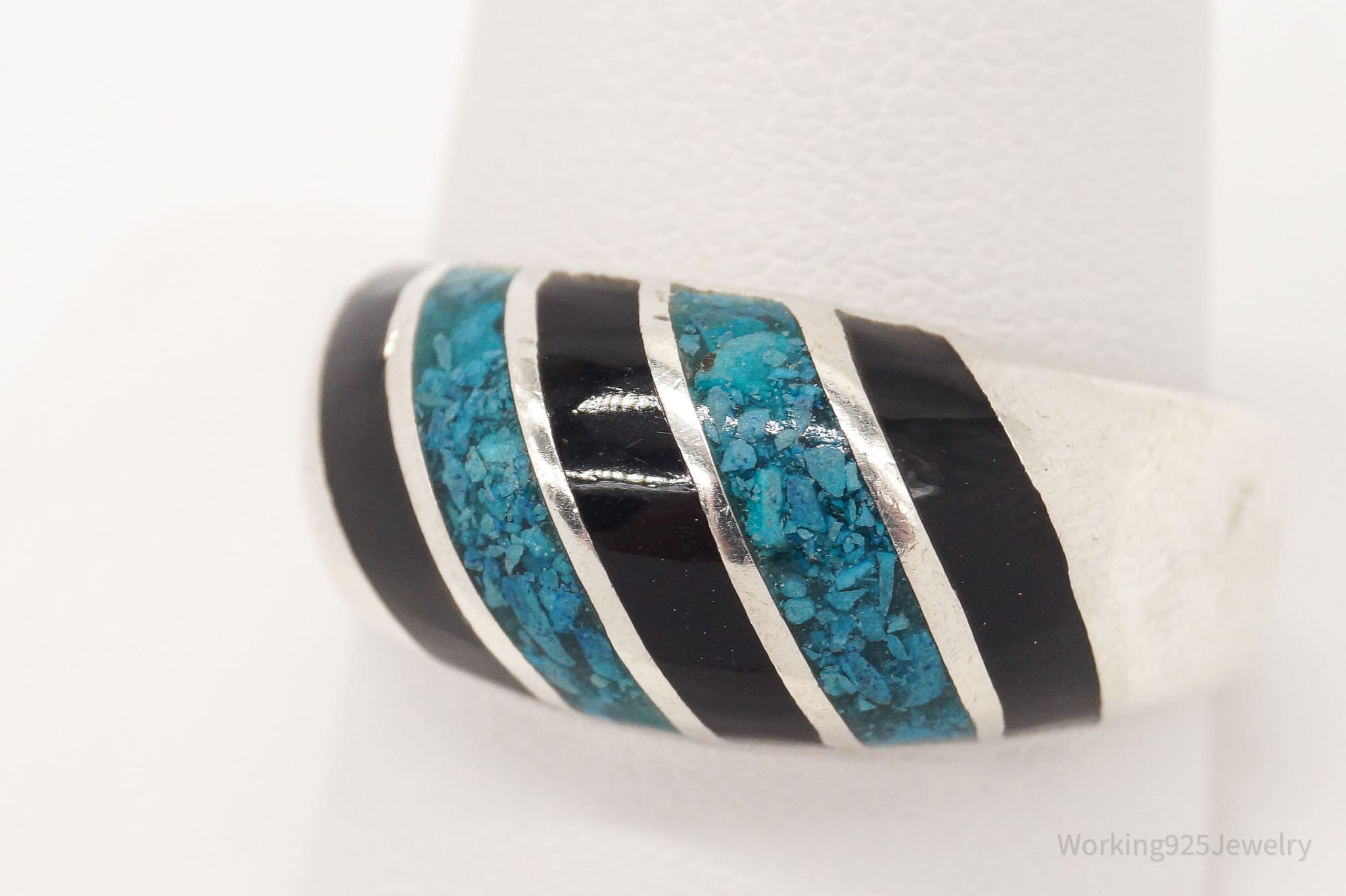 Vintage Mexico Blue Turquoise & Black Enamel Sterling Silver Ring - SZ 11.5