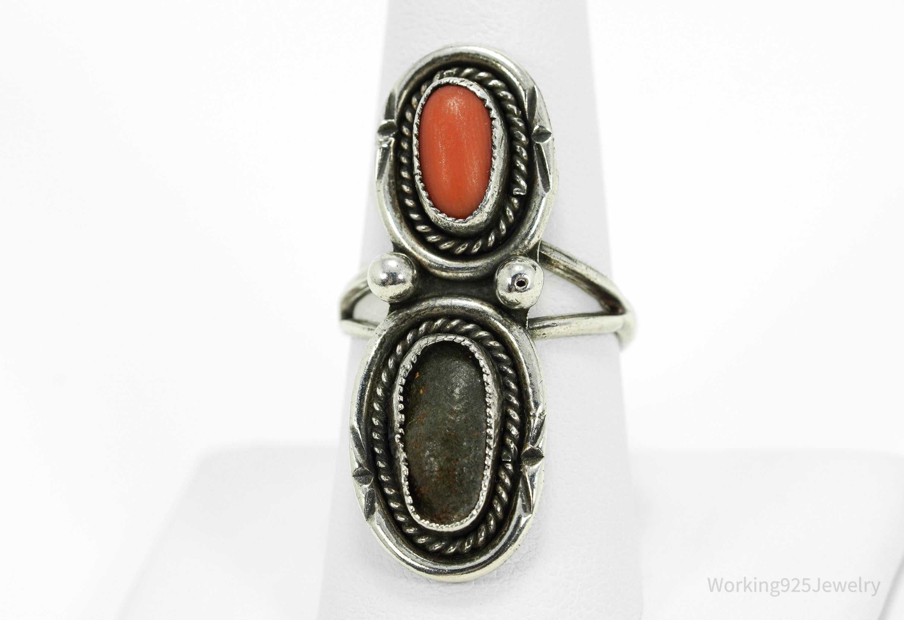 Vintage Native American Turquoise & Coral Silver Ring Size 8.25