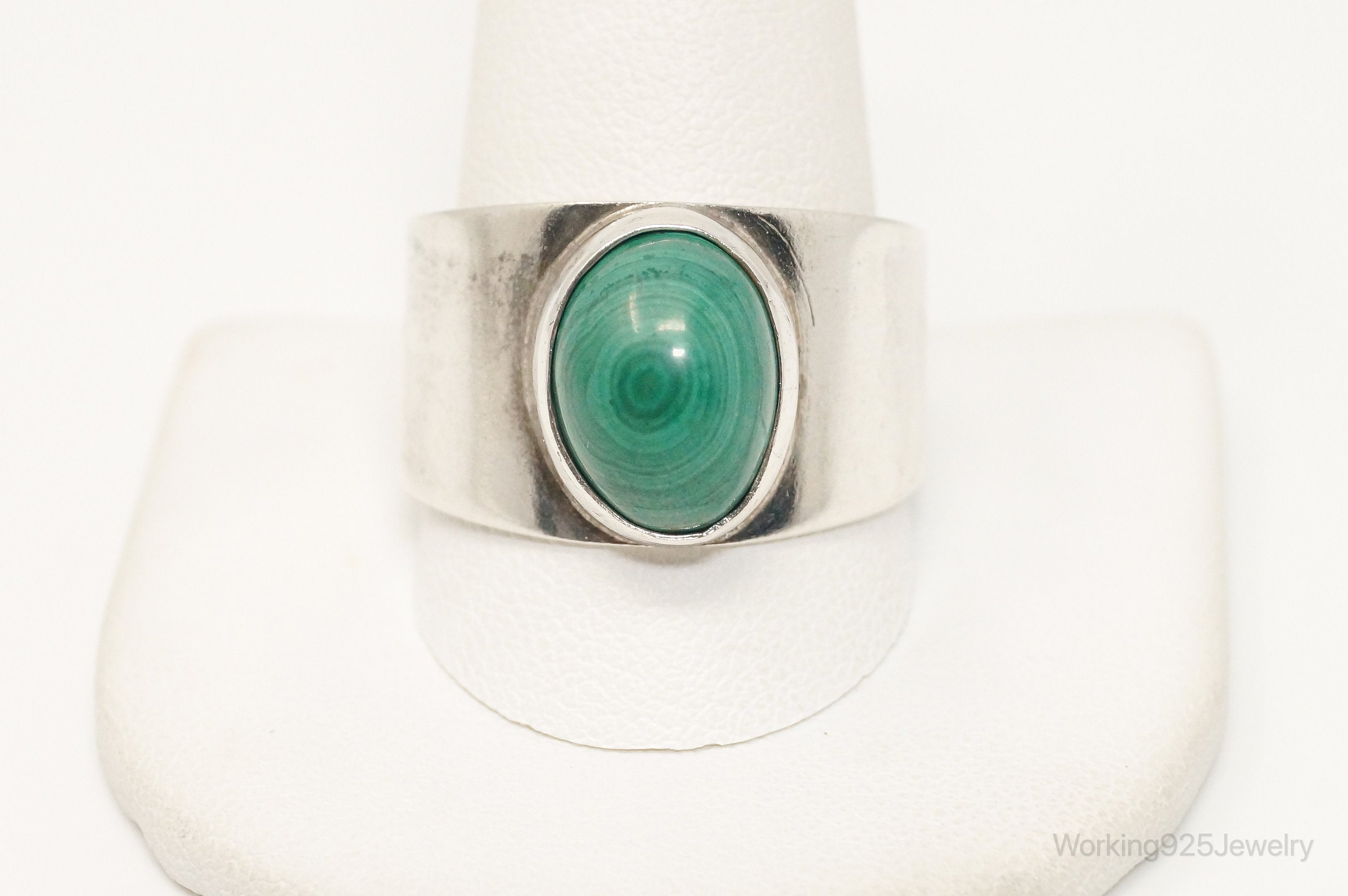 Vintage Native American Malachite Unsigned Sterling Silver Ring - Sz 12.75