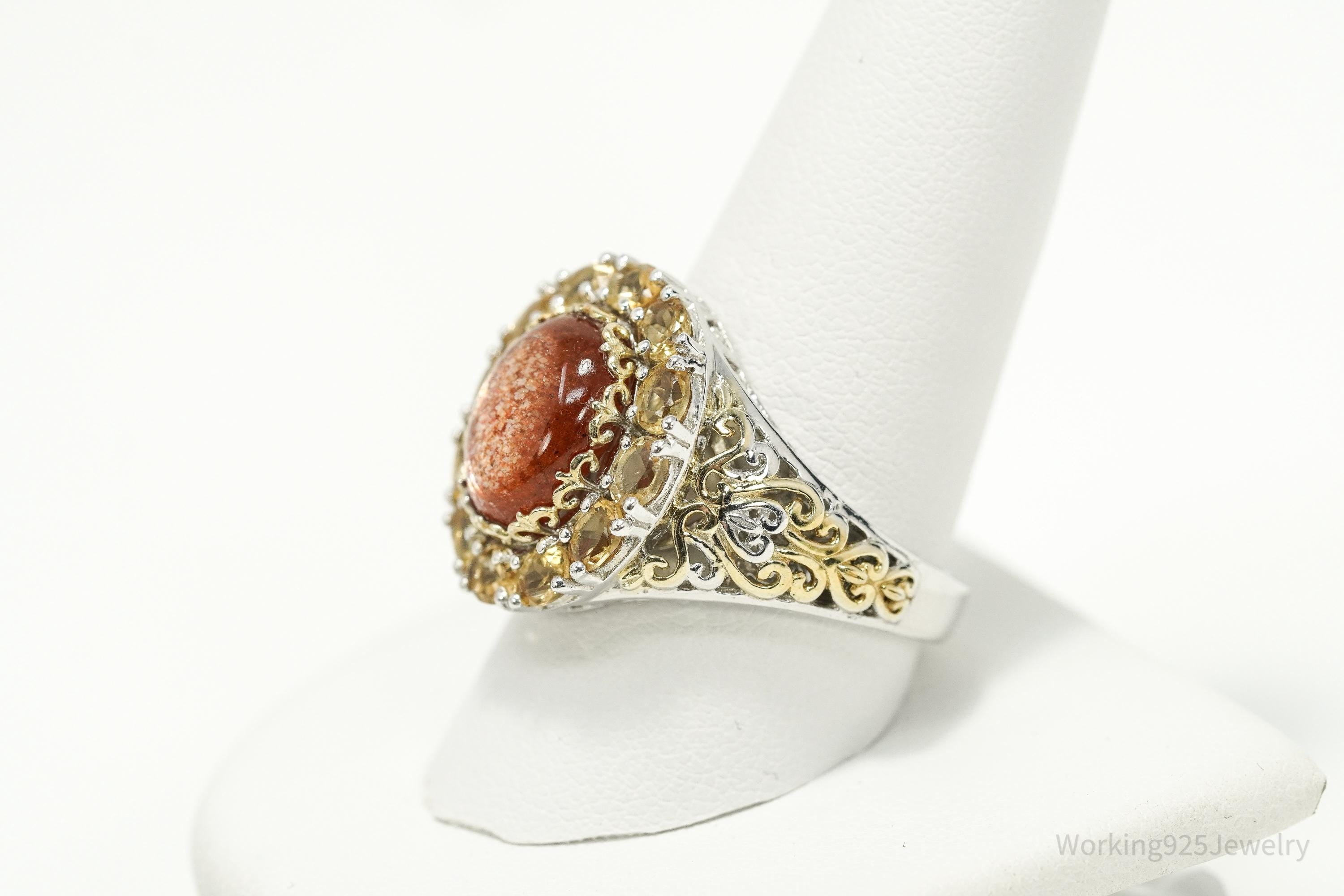 Vintage Goldstone & Citrine Gold Vermeil Sterling Silver Ring - Size 10.25