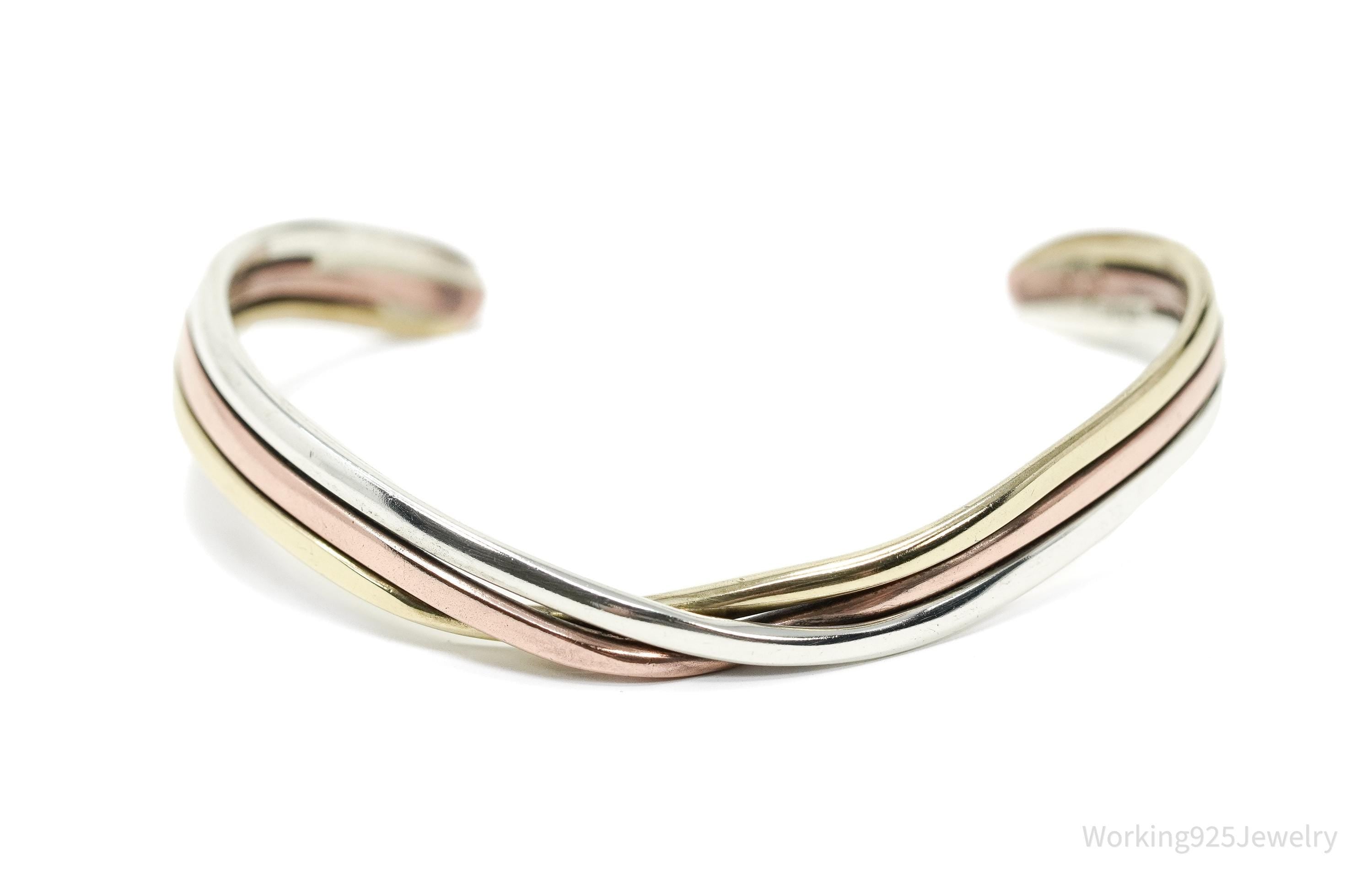 Vintage Three Metal Twist Sterling Silver Copper Brass Cuff Bracelet 6 3/8"