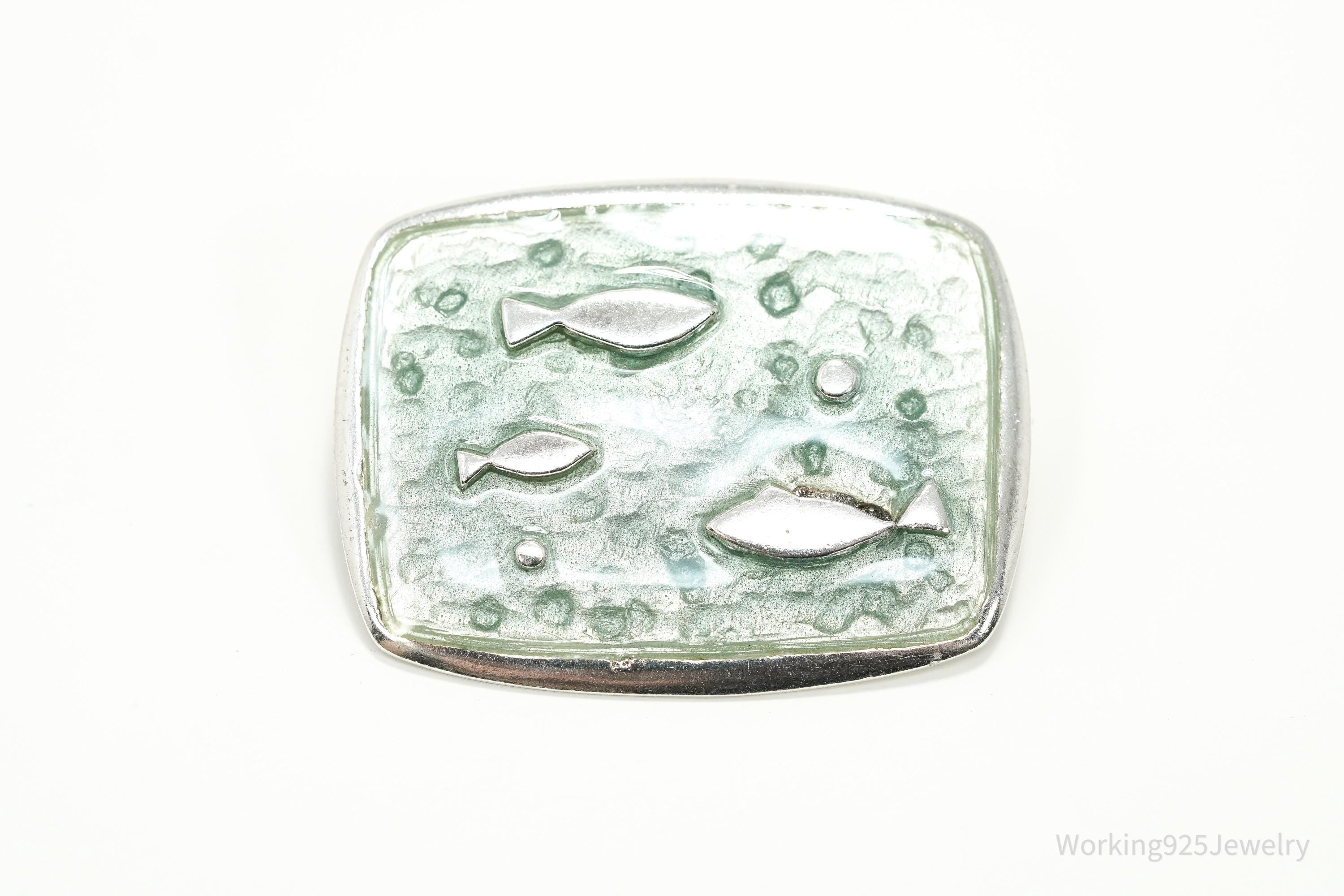 Rare Vintage Fish Enamel Modernist Sterling Silver Brooch Pin