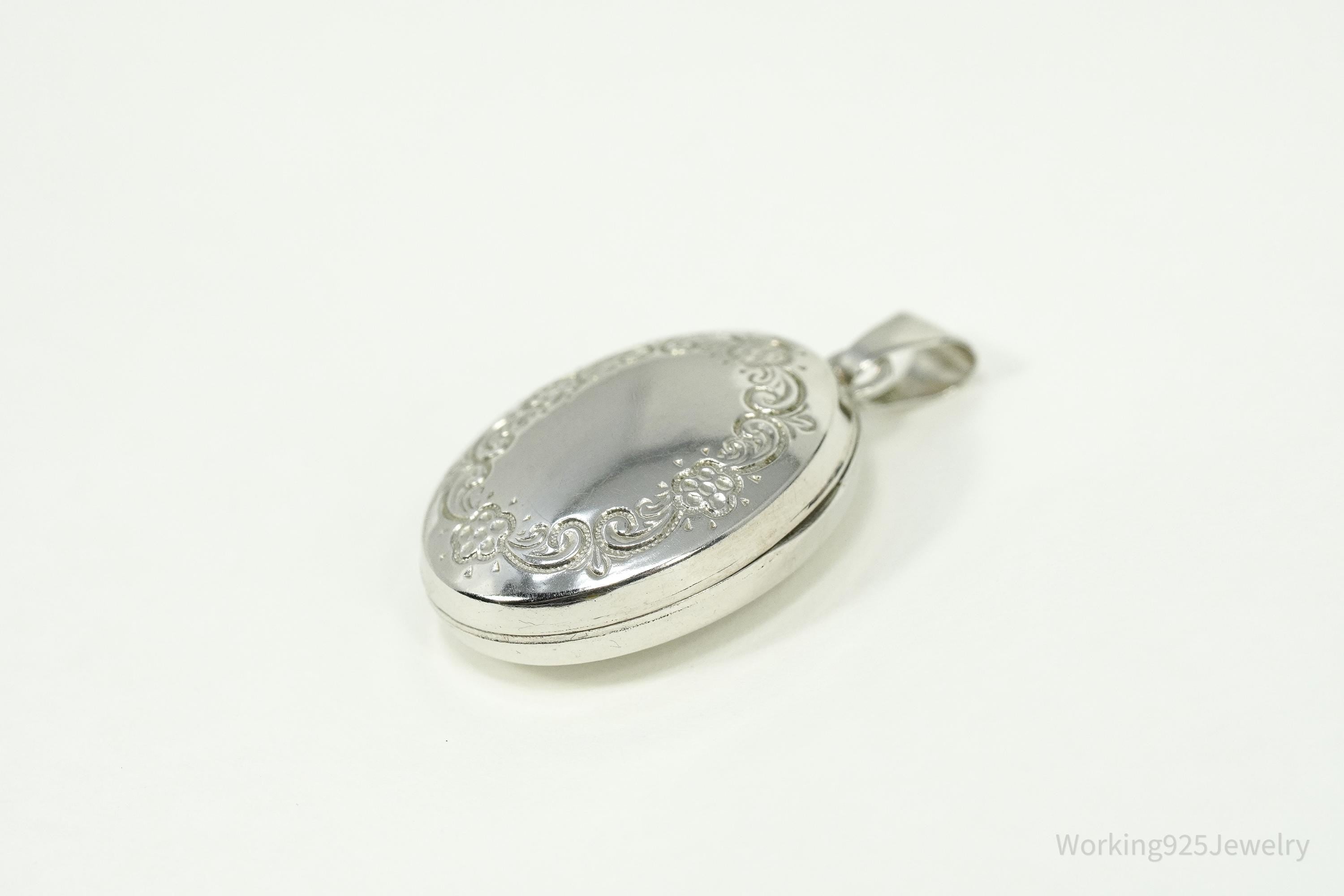 Vintage Flower Etched Oval Silver Locket Pendant 1 1/8"